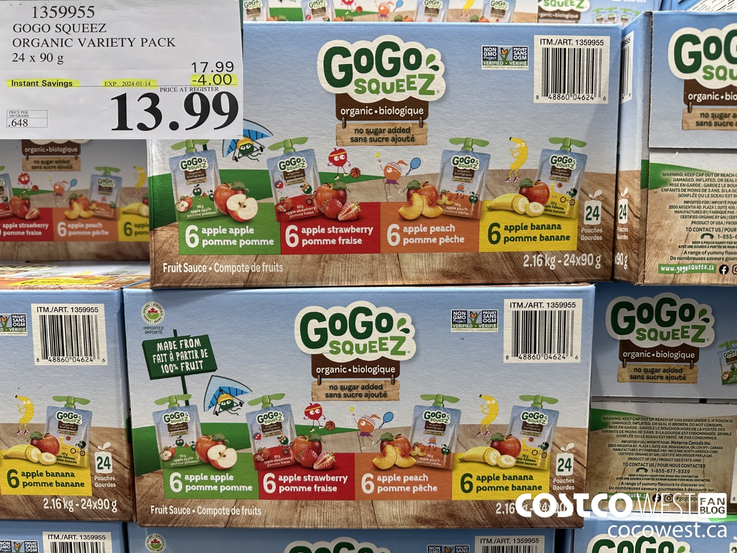 1359955 GOGO SQUEEZ ORGANIC VARIETY PACK 24 x 90g ($4.00 INSTANT SAVINGS EXPIRES ON 2024-01-14) $13.99