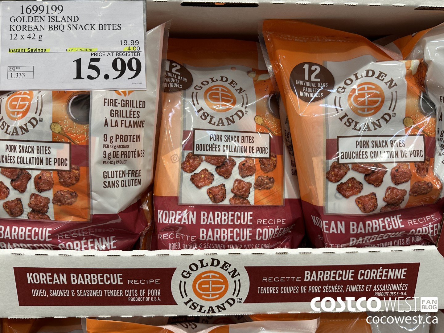 1699199 GOLDEN ISLAND KOREAN BBQ SNACK BITES 12 X 42 G ($4.00 INSTANT SAVINGS EXPIRES ON 2024-01-28) $15.99