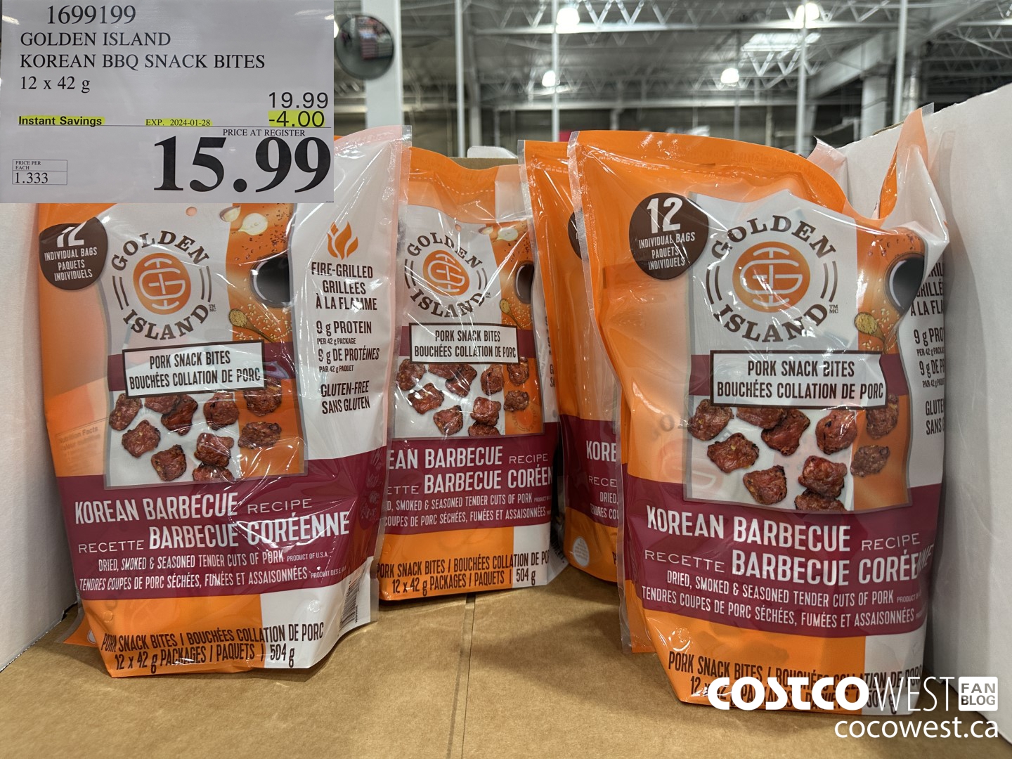 1699199 GOLDEN ISLAND KOREAN BBQ SNACK BITES 12 X 42 G ($4.00 INSTANT SAVINGS EXPIRES ON 2024-01-28) $15.99