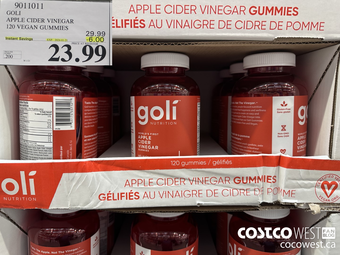 9011011 GOLI APPLE CIDER VINEGAR 120 VEGAN GUMMIES ($6.00 INSTANT SAVINGS EXPIRES ON 2024-01-21) $23.99