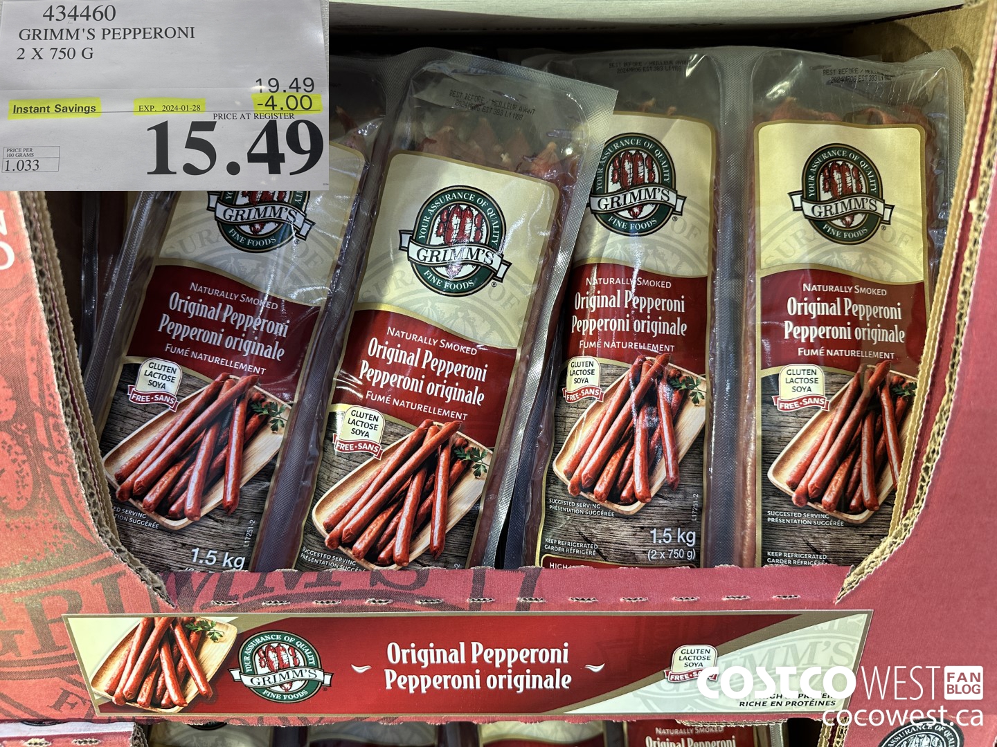 434460 GRIMM'S NATURAL FRESH PEPPERONI 2 x 750 g ($4.00 INSTANT SAVINGS EXPIRES ON 2024-01-28) $15.49