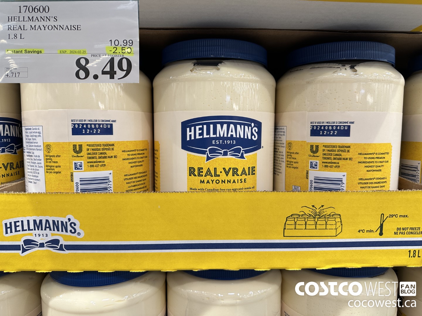 170600 HELLMANN'S REGULAR MAYONNAISE 1.8 L 2024-02-258 ($2.50 INSTANT SAVINGS) $8.49