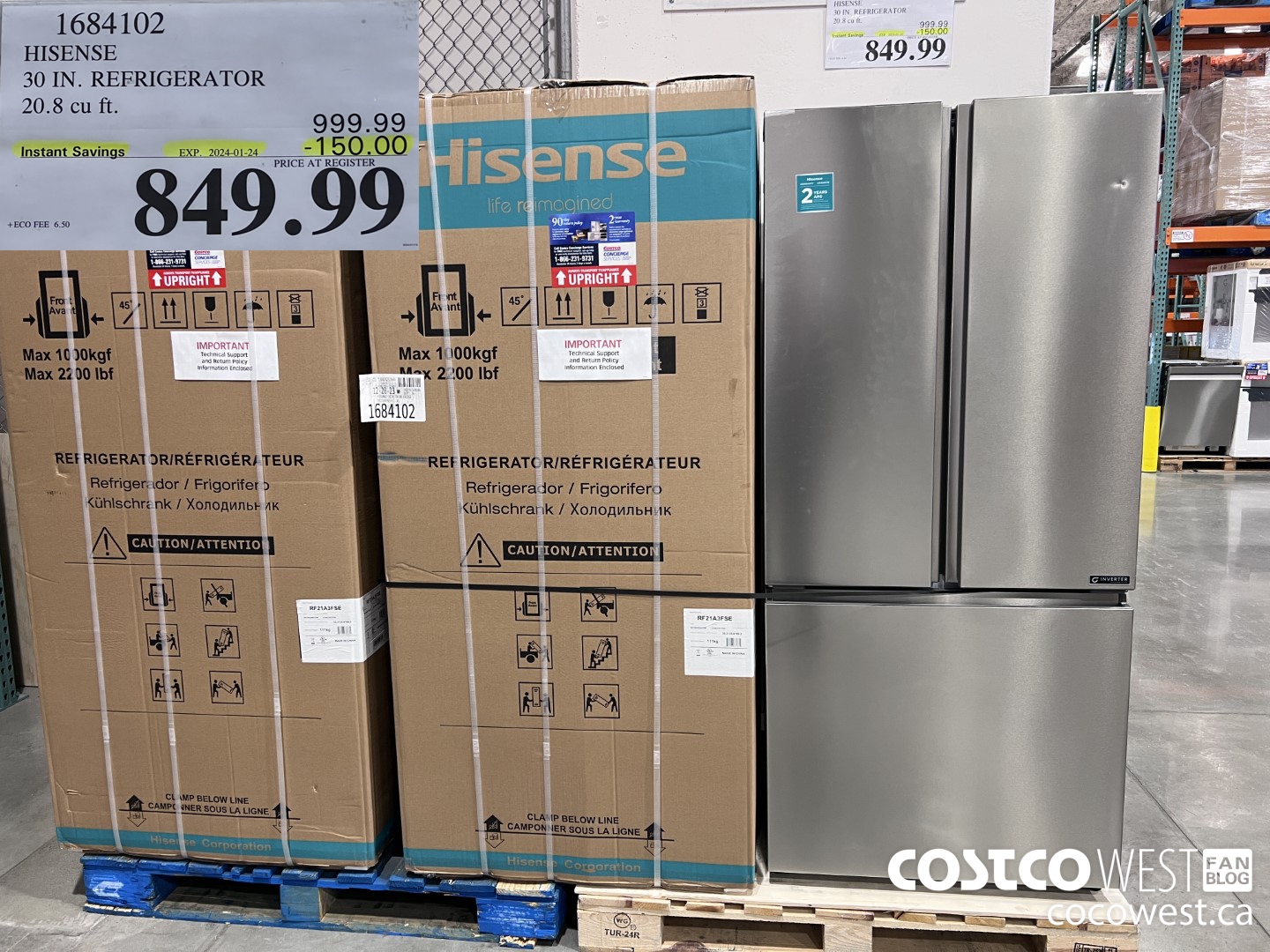 1684102 HISENSE 30 IN. REFRIGERATOR 20.8 CU FT ($100.00 INSTANT SAVINGS EXPIRES ON 2024-01-24) $849.99