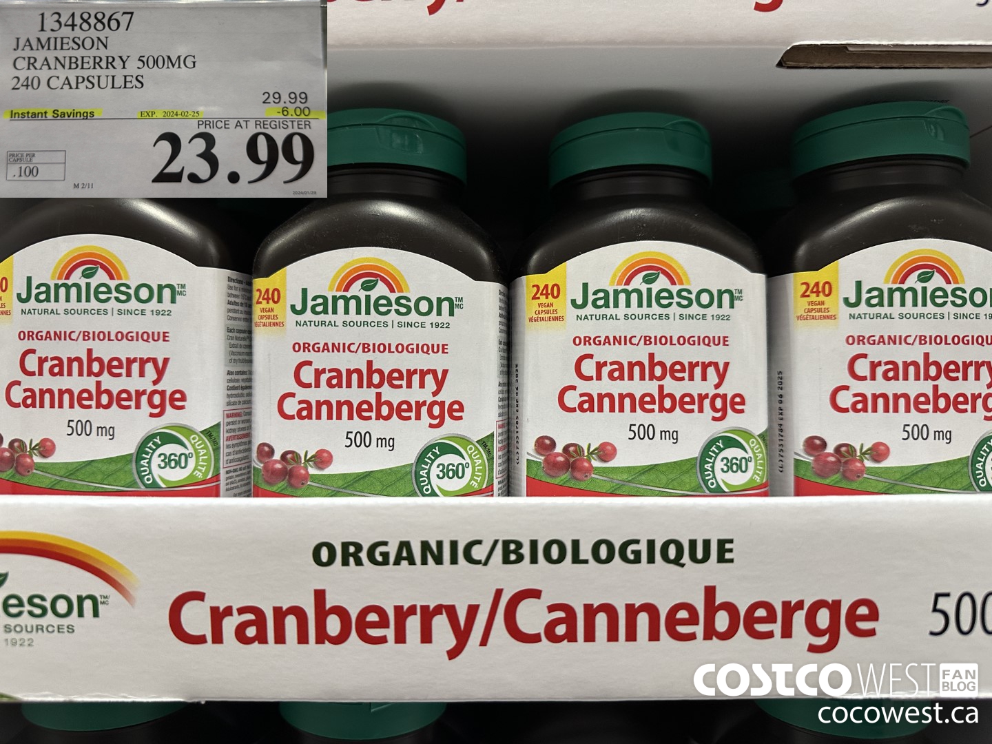 1348867 JAMIESON CRANBERRY 500MG 240 CAPSULES ($6.00 INSTANT SAVINGS EXPIRES ON 2024-02-25) $23.99