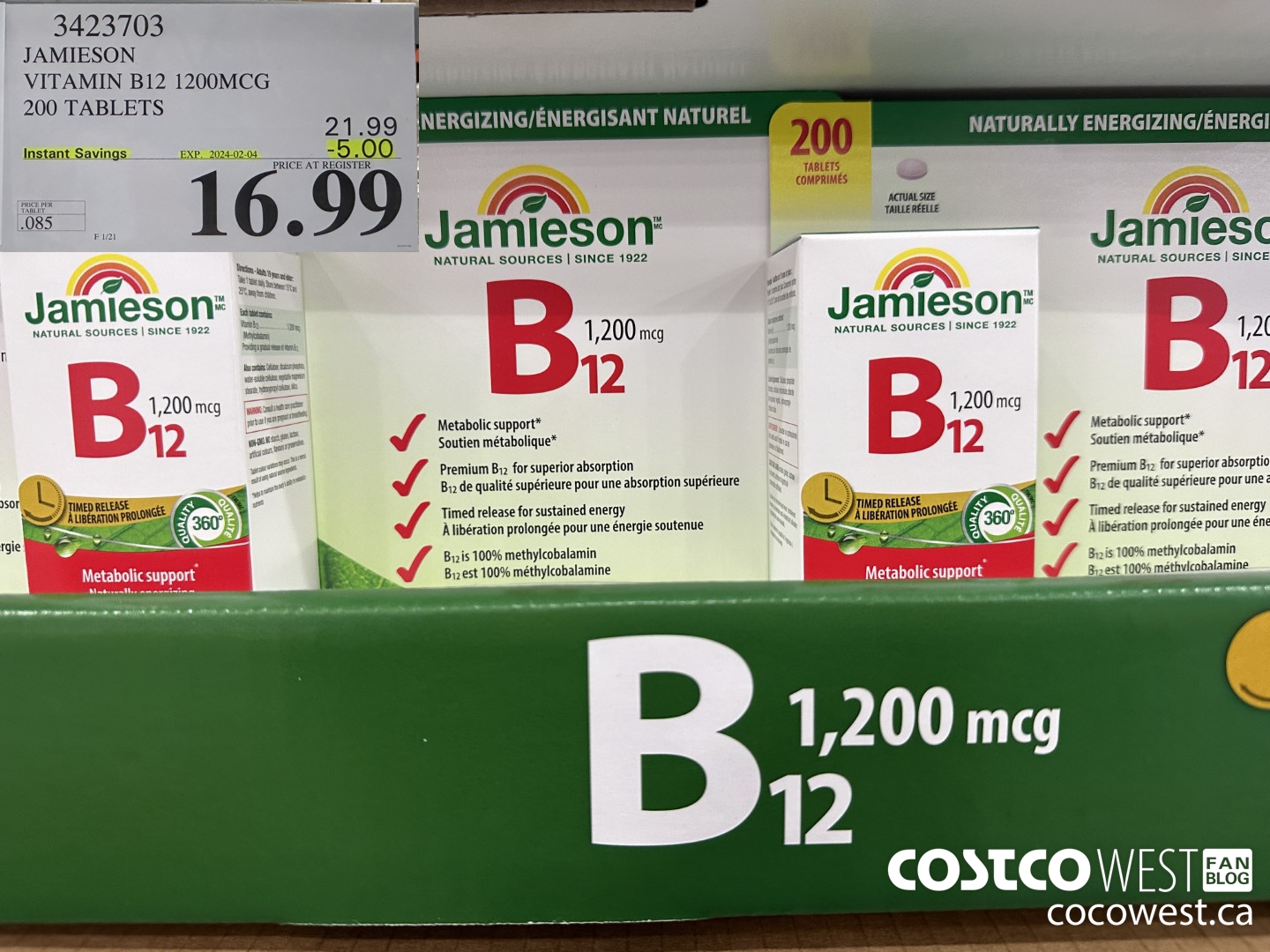 3423703 JAMIESON VITAMIN B12 1200MCG 200 TABLETS ($5.00 INSTANT SAVINGS EXPIRES ON 2024-02-04) $16.99