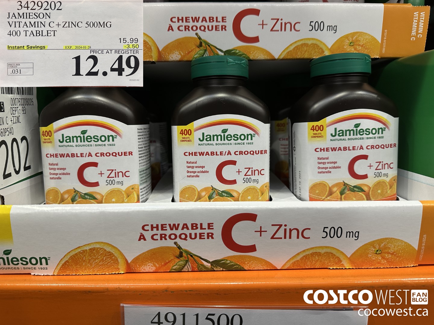 3429202 JAMIESON VITAMIN C+ZINC 500MG 400 TABLET ($3.50 INSTANT SAVINGS EXPIRES ON 2024-01-28) $12.49