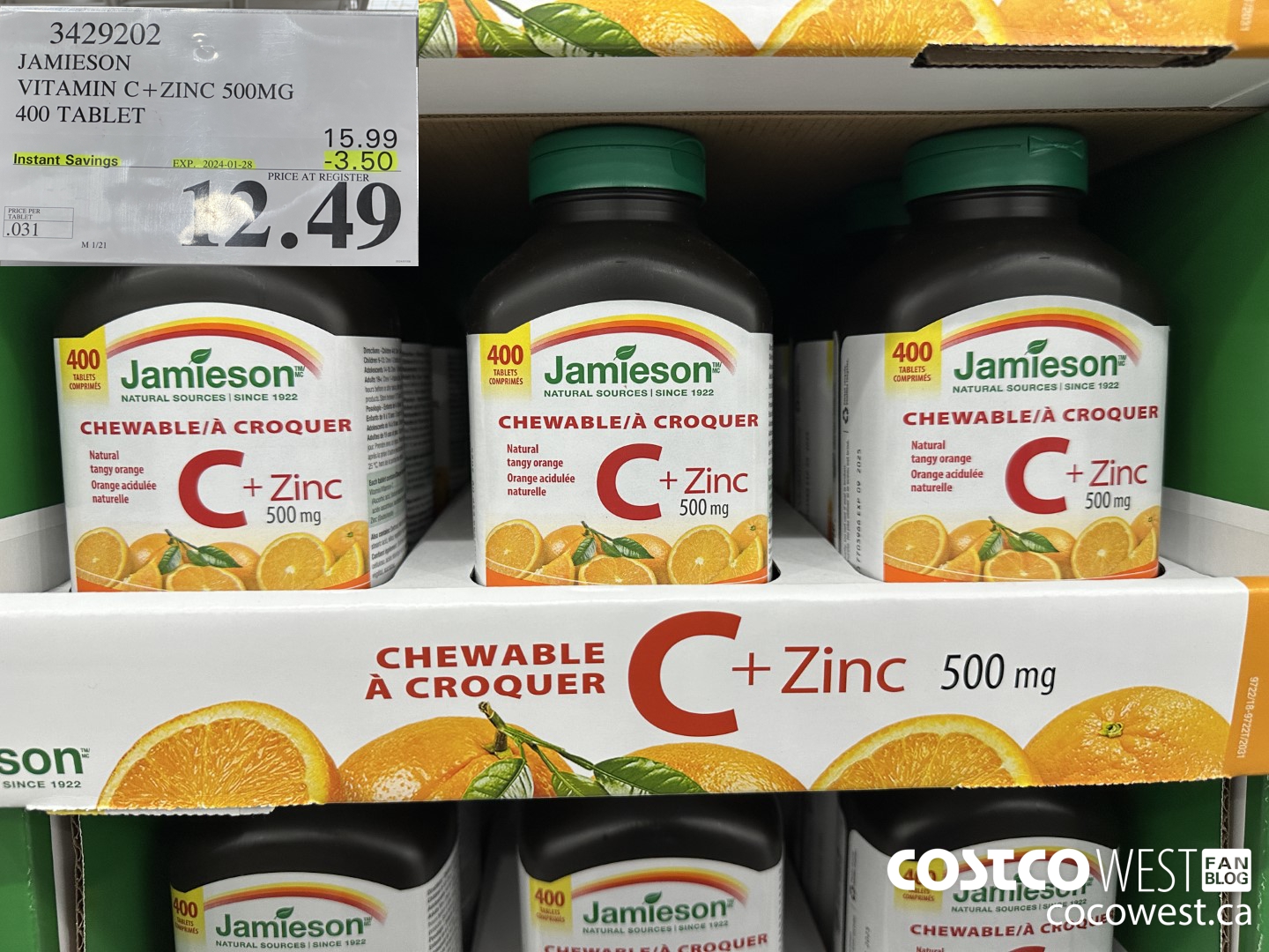 3429202 JAMIESON VITAMIN C+ZINC 500MG 400 TABLET ($3.50 INSTANT SAVINGS EXPIRES ON 2024-01-28) $12.49