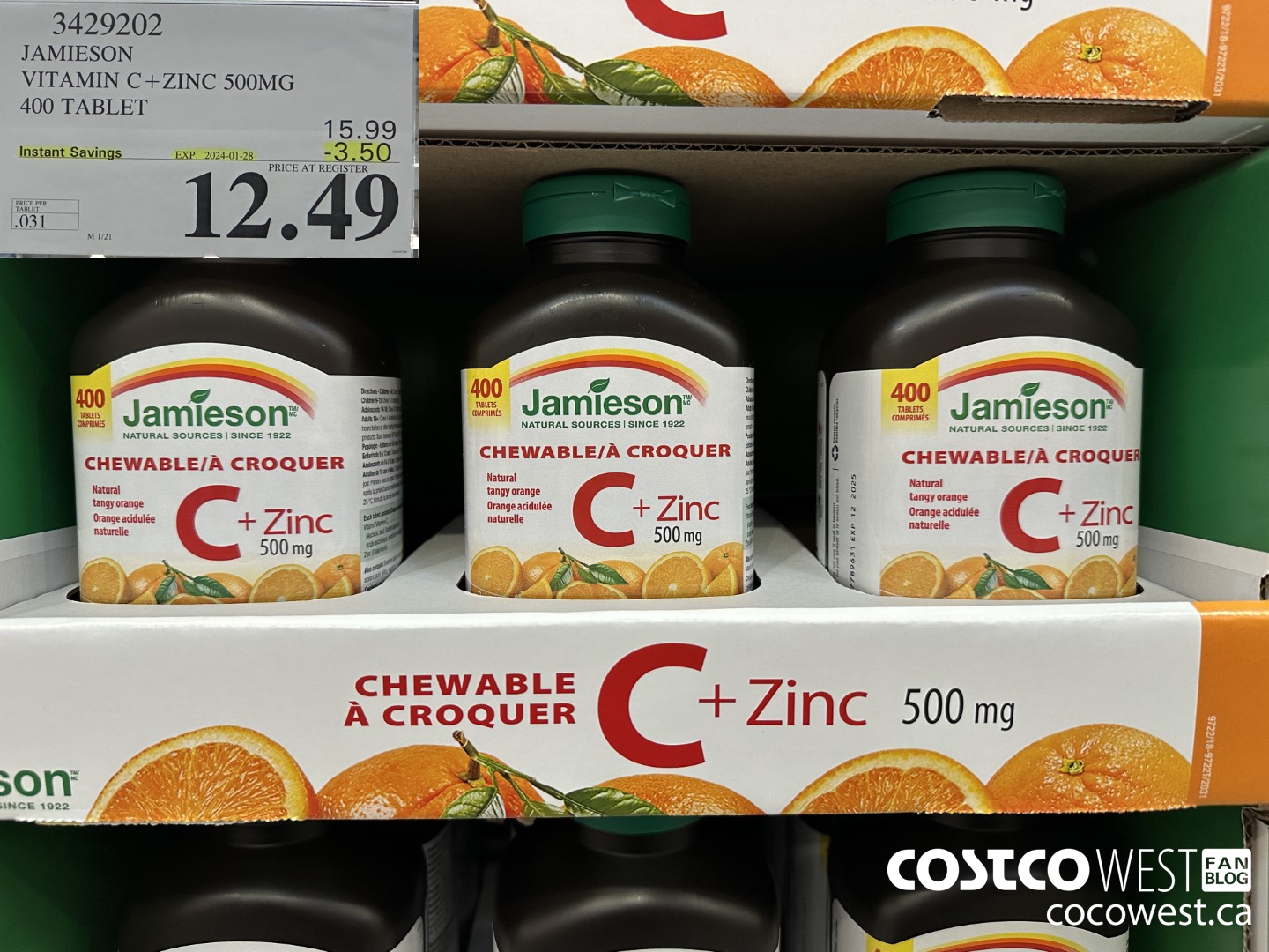 3429202 JAMIESON VITAMIN C+ZINC 500MG 400 TABLET ($3.50 INSTANT SAVINGS EXPIRES ON 2024-01-28) $12.49
