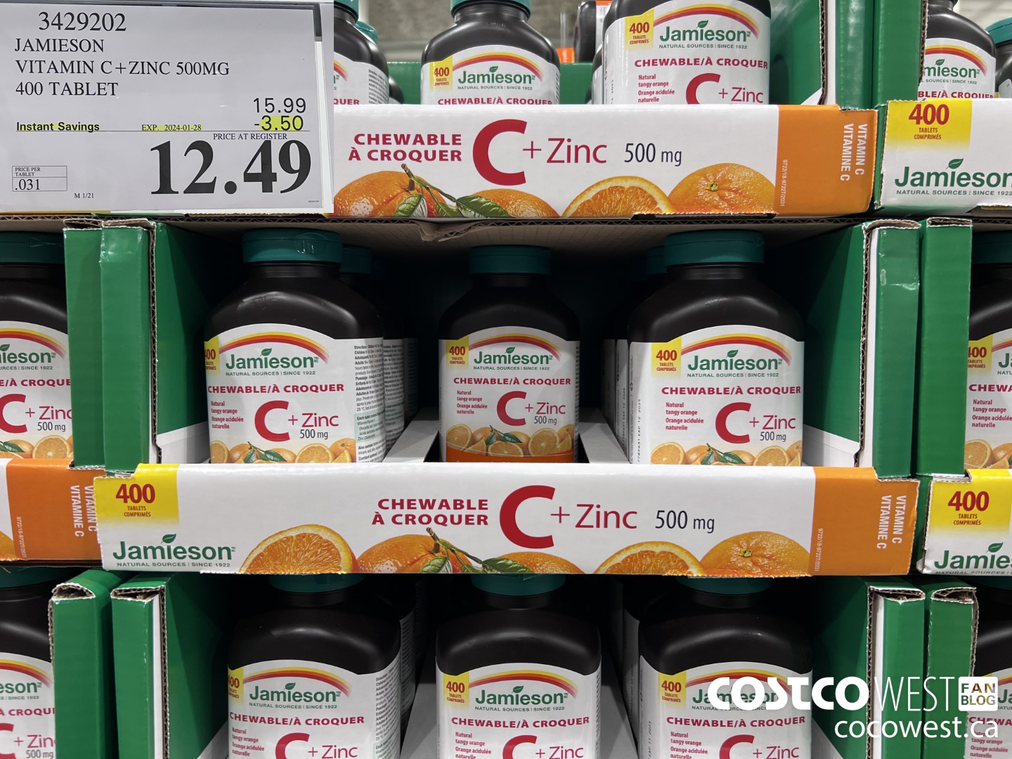 3429202 JAMIESON VITAMIN C+ZINC 500MG 400 TABLET ($3.50 INSTANT SAVINGS EXPIRES ON 2024-01-28) $12.49