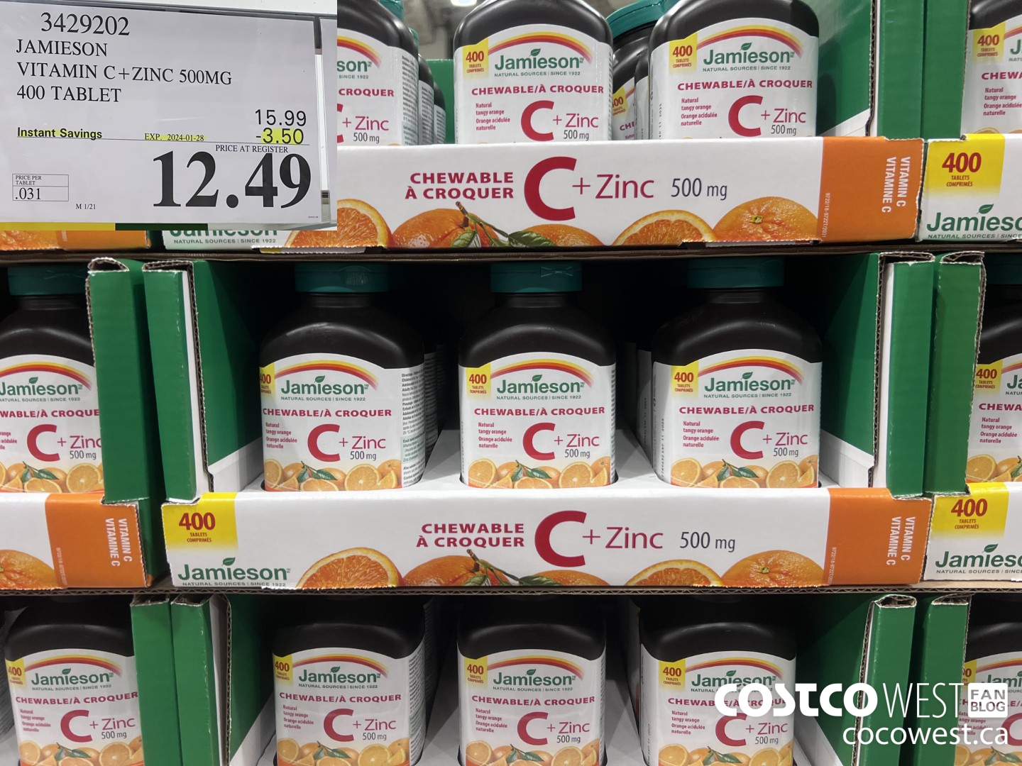 3429202 JAMIESON VITAMIN C+ZINC 500MG 400 TABLET ($3.50 INSTANT SAVINGS EXPIRES ON 2024-01-28) $12.49