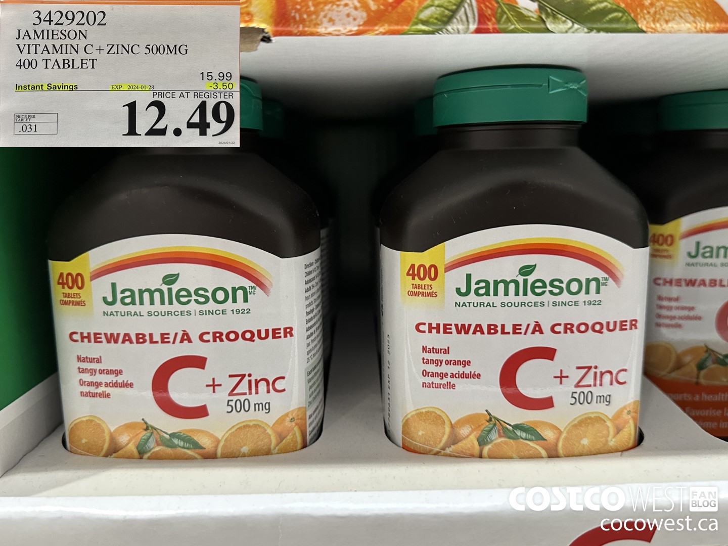 3429202 JAMIESON VITAMIN C+ZINC 500MG 400 TABLET ($3.50 INSTANT SAVINGS EXPIRES ON 2024-01-28) $12.49