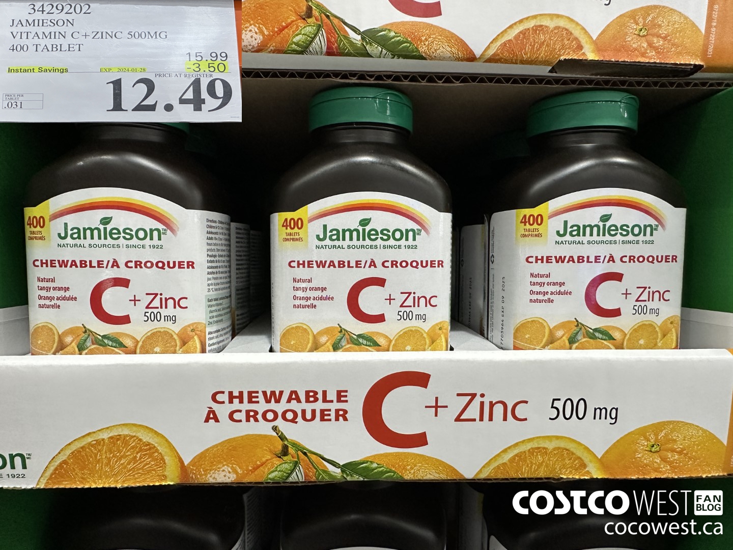 3429202 JAMIESON VITAMIN C+ZINC 500MG 400 TABLET ($3.50 INSTANT SAVINGS EXPIRES ON 2024-01-28) $12.49