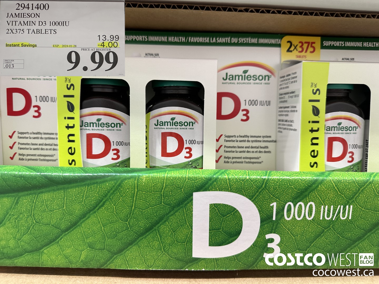 2941400 JAMIESON VITAMIN D3 1000IU 2X375 TABLETS ($4.00 INSTANT SAVINGS EXPIRES ON 2024-01-28) $9.99