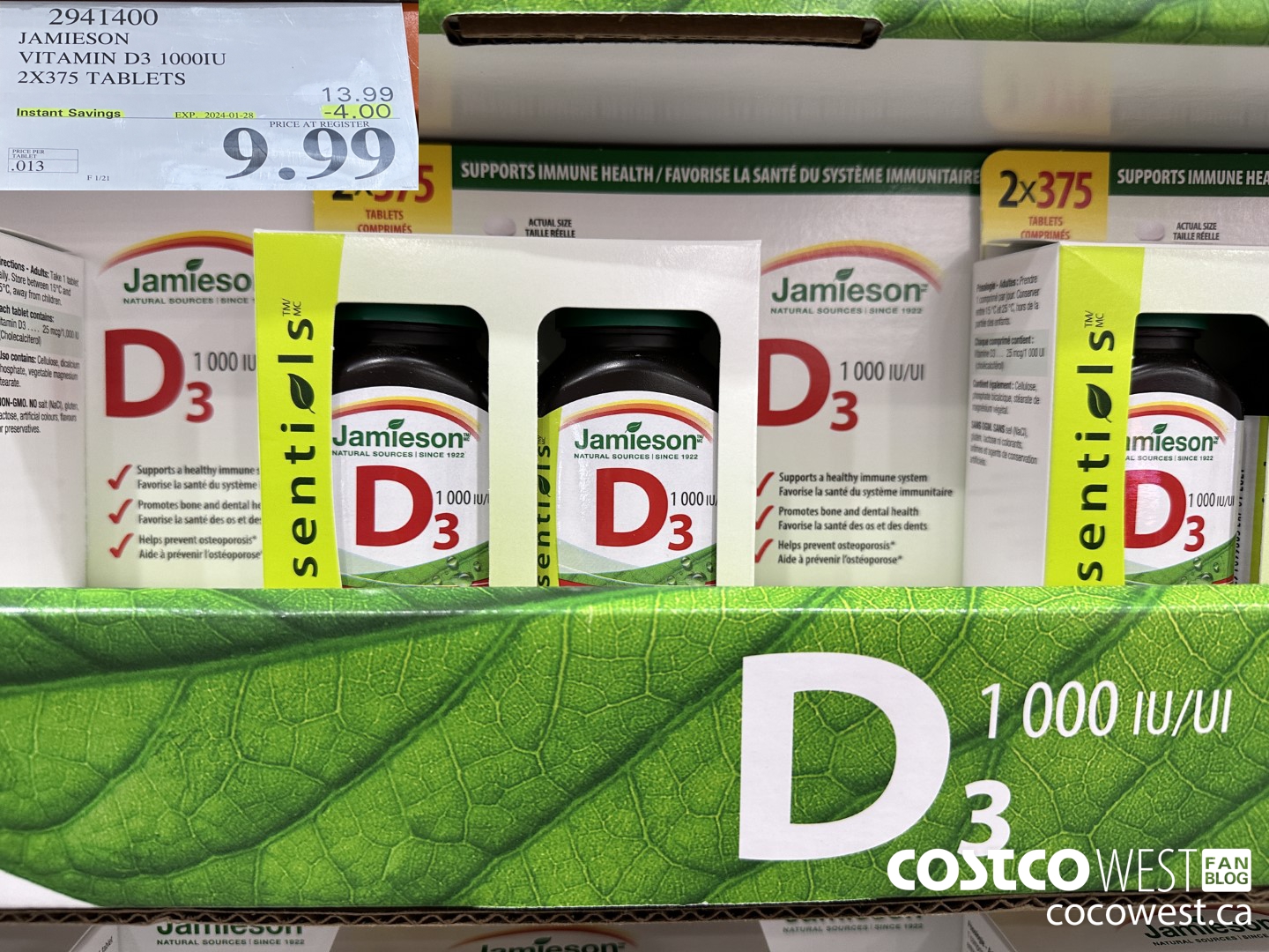 2941400 JAMIESON VITAMIN D3 1000IU 2X375 TABLETS ($4.00 INSTANT SAVINGS EXPIRES ON 2024-01-28) $9.99