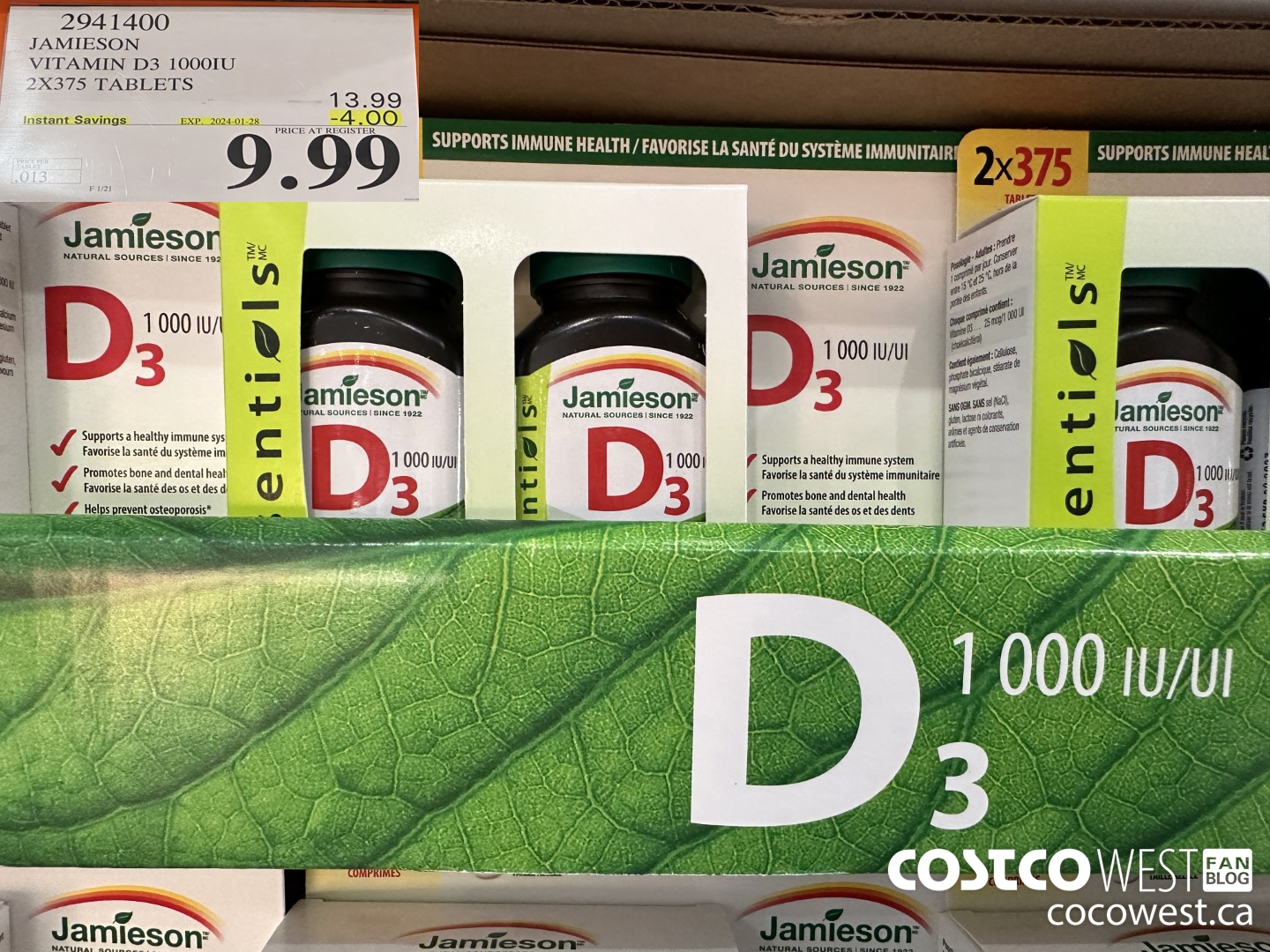 2941400 JAMIESON VITAMIN D3 1000IU 2X375 TABLETS ($4.00 INSTANT SAVINGS EXPIRES ON 2024-01-28) $9.99