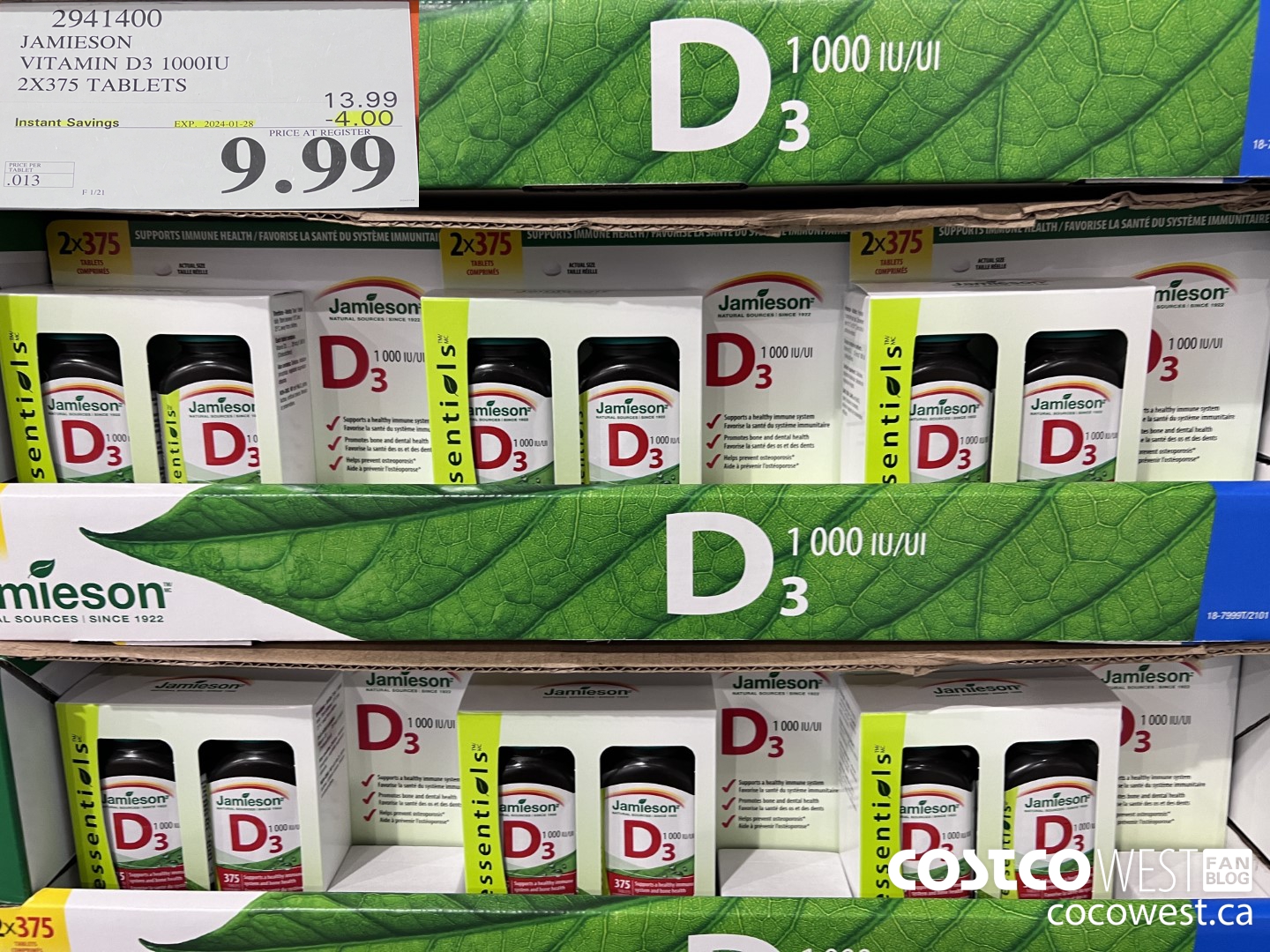 2941400 JAMIESON VITAMIN D3 1000IU 2X375 TABLETS ($4.00 INSTANT SAVINGS EXPIRES ON 2024-01-28) $9.99