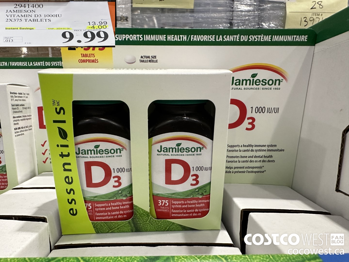 2941400 JAMIESON VITAMIN D3 1000IU 2X375 TABLETS ($4.00 INSTANT SAVINGS EXPIRES ON 2024-01-28) $9.99