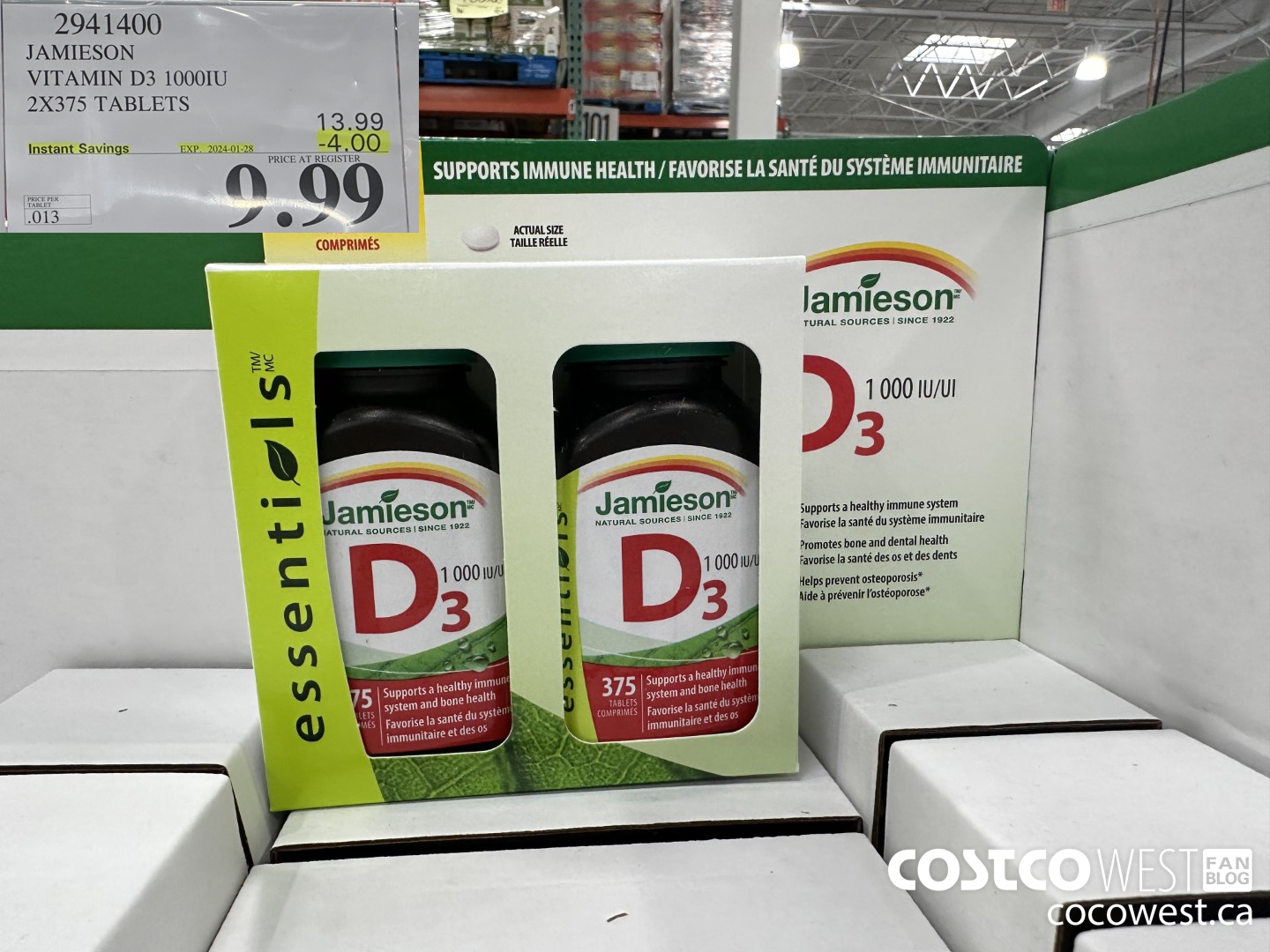 2941400 JAMIESON VITAMIN D3 1000IU 2X375 TABLETS ($4.00 INSTANT SAVINGS EXPIRES ON 2024-01-28) $9.99