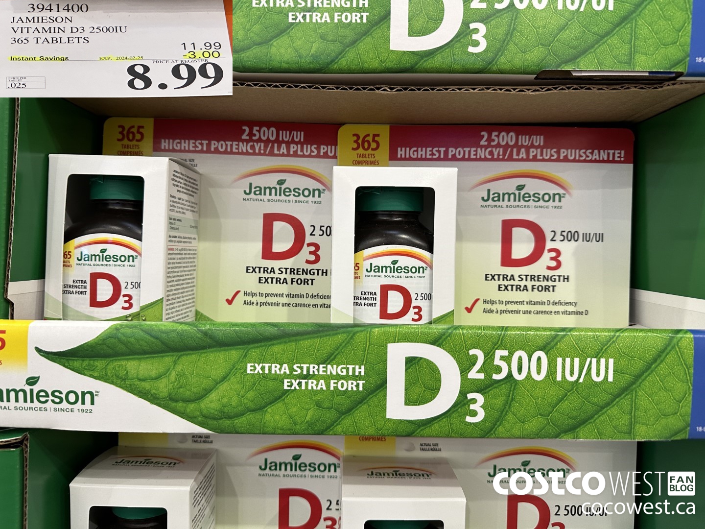 3941400 JAMIESON VITAMIN D3 2500IU 365 TABLETS ($3.00 INSTANT SAVINGS EXPIRES ON 2024-02-25) $8.99