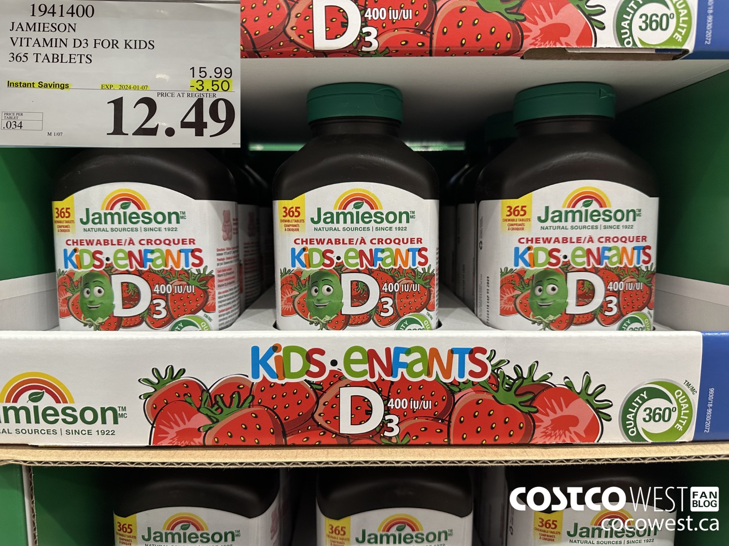 1941400 JAMIESON VITAMIN D3 FOR KIDS 365 TABLETS ($3.50 INSTANT SAVINGS EXPIRES ON 2024-01-07) $12.49