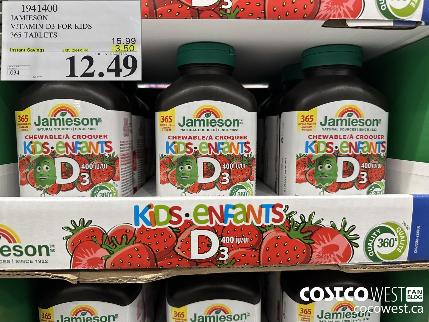 1941400 JAMIESON VITAMIN D3 FOR KIDS 365 TABLETS ($3.50 INSTANT SAVINGS EXPIRES ON 2024-01-07) $12.49