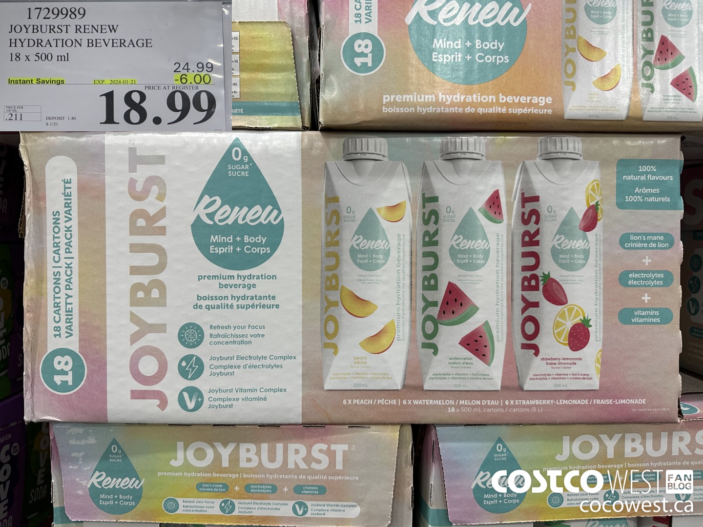 1729989 JOYBURST RENEW HYDRATION BEVERAGE 18 X 500 ML ($6.00 INSTANT SAVINGS EXPIRES ON 2024-01-21) $18.99