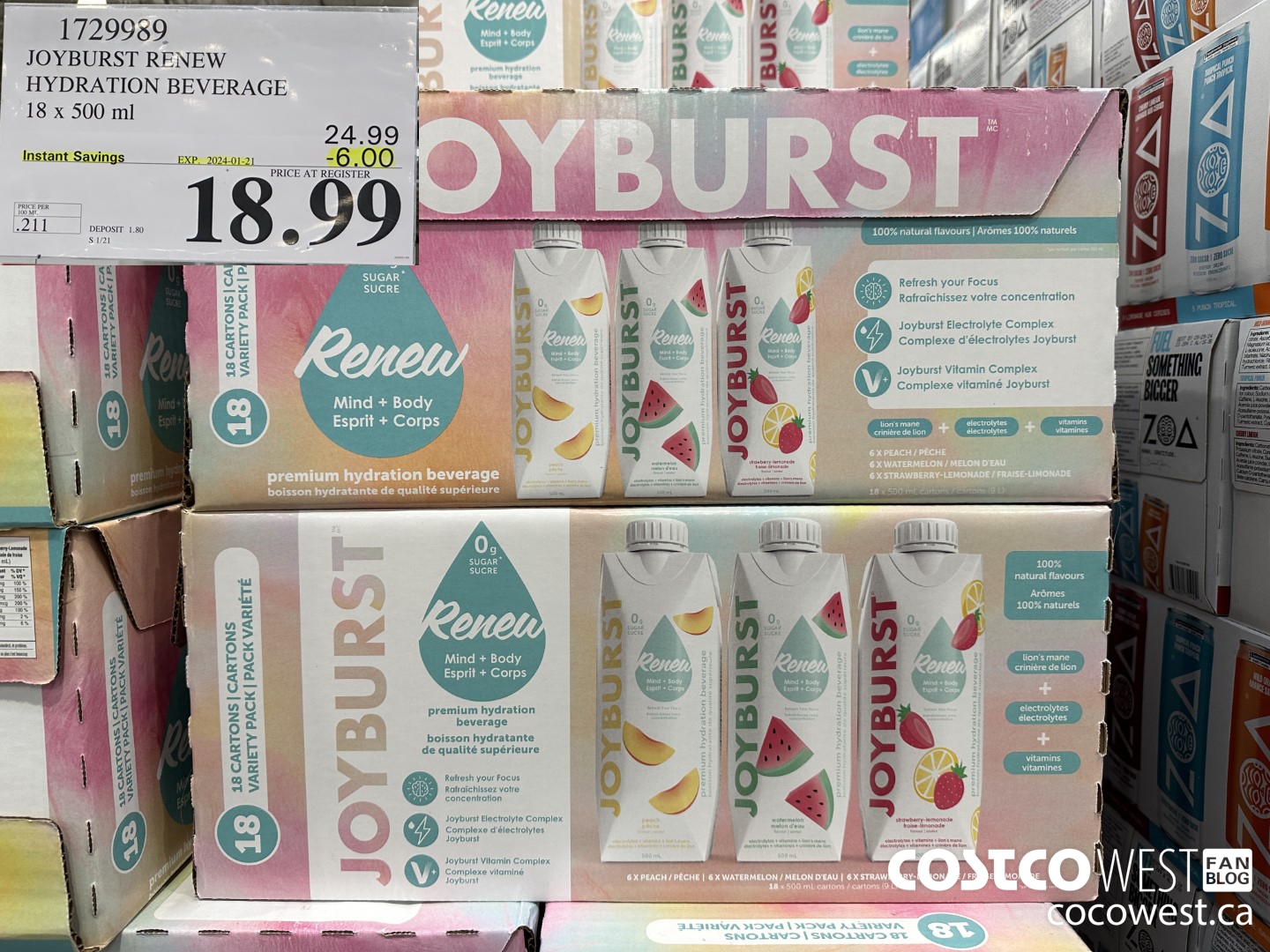 1729989 JOYBURST RENEW HYDRATION BEVERAGE 18 X 500 ML ($6.00 INSTANT SAVINGS EXPIRES ON 2024-01-21) $18.99