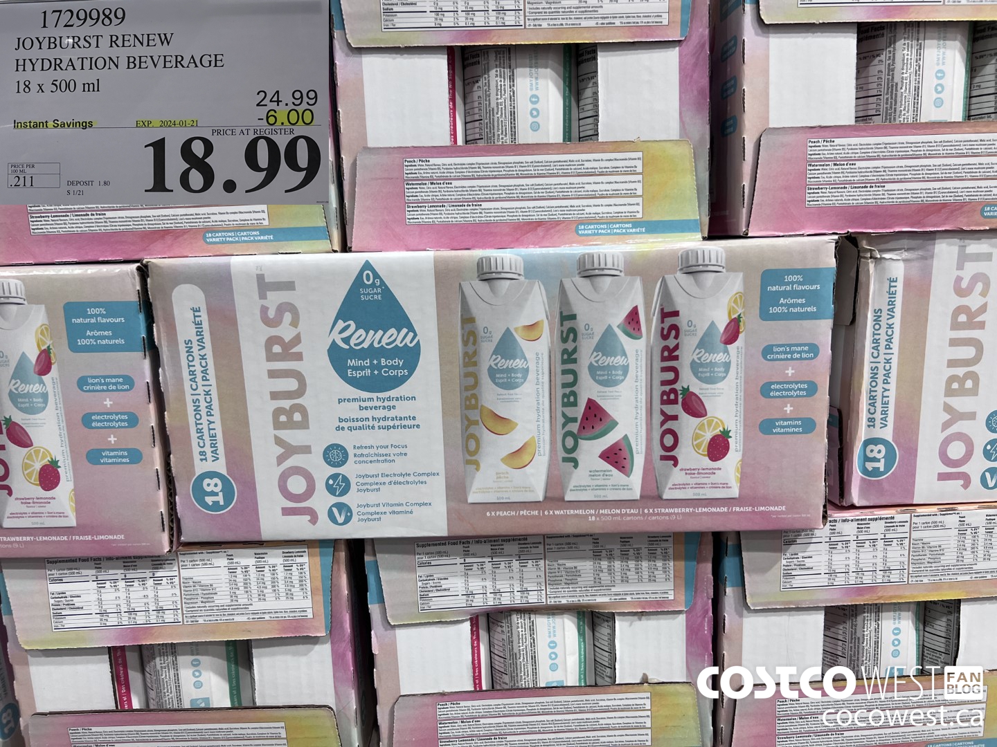 1729989 JOYBURST RENEW HYDRATION BEVERAGE 18 X 500 ML ($6.00 INSTANT SAVINGS EXPIRES ON 2024-01-21) $18.99