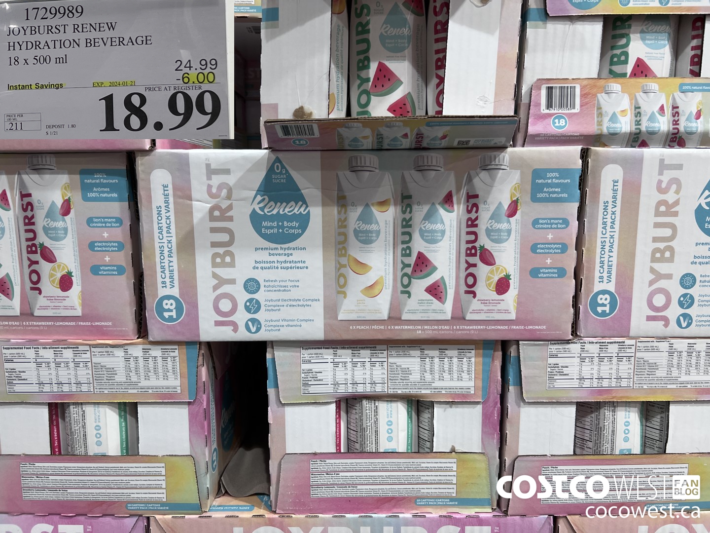 1729989 JOYBURST RENEW HYDRATION BEVERAGE 18 X 500 ML ($6.00 INSTANT SAVINGS EXPIRES ON 2024-01-21) $18.99