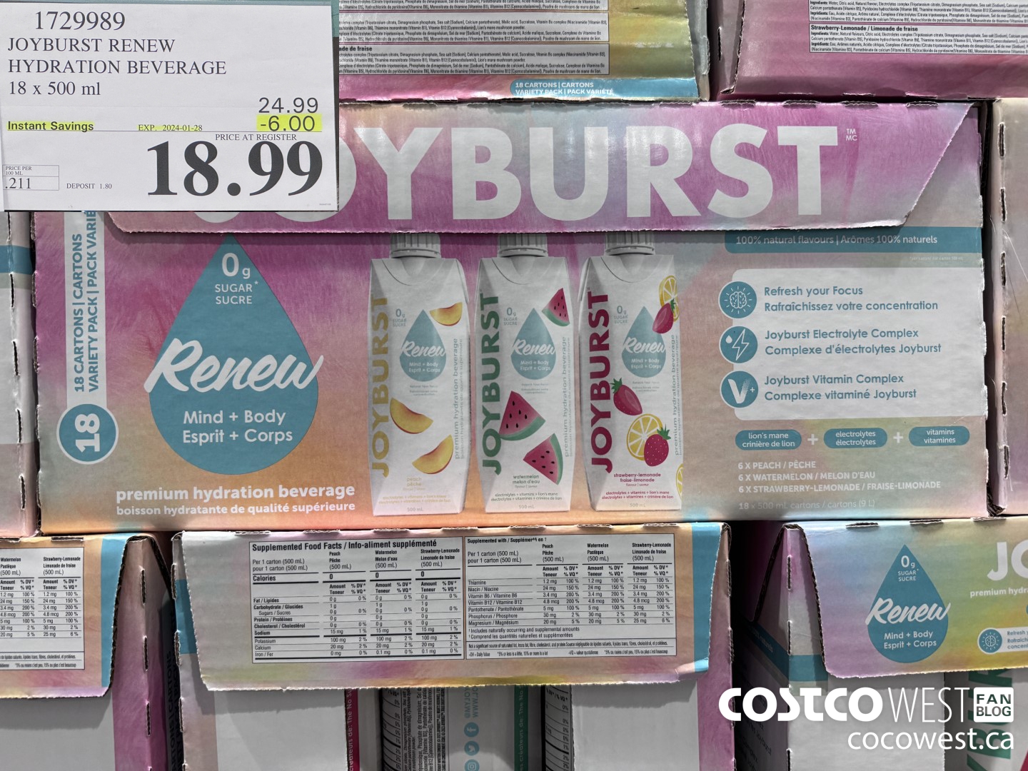 1729989 JOYBURST RENEW HYDRATION BEVERAGE 18 X 500 ML ($6.00 INSTANT SAVINGS EXPIRES ON 2024-01-28) $18.99