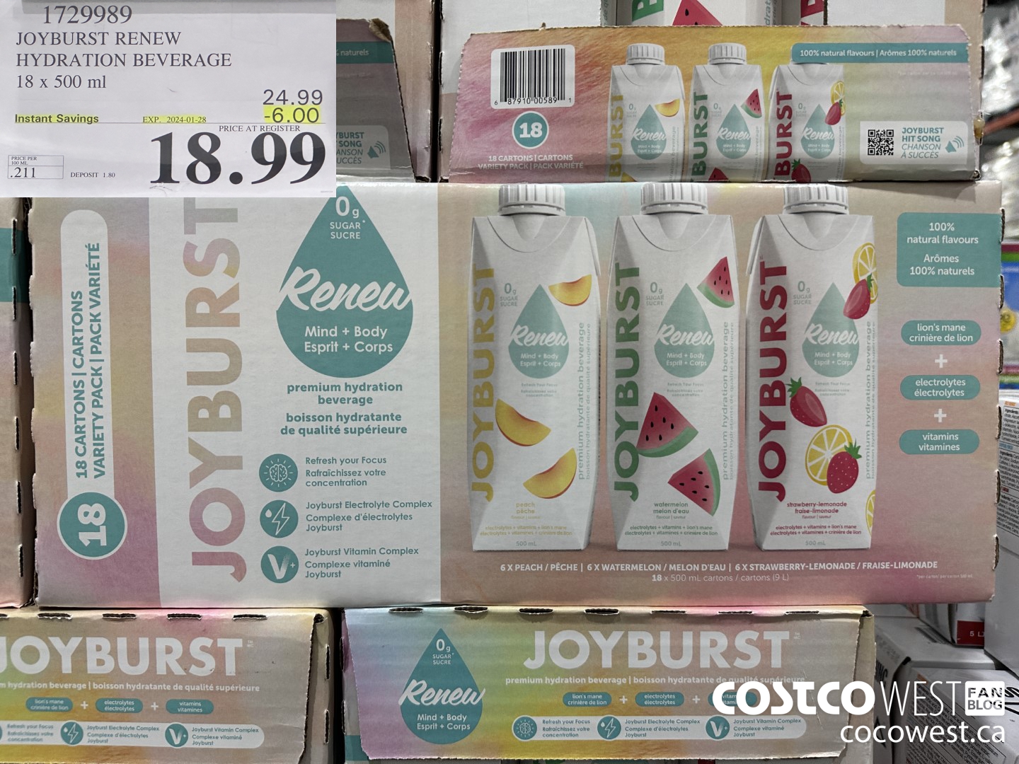 1729989 JOYBURST RENEW HYDRATION BEVERAGE 18 X 500 ML ($6.00 INSTANT SAVINGS EXPIRES ON 2024-01-28) $18.99