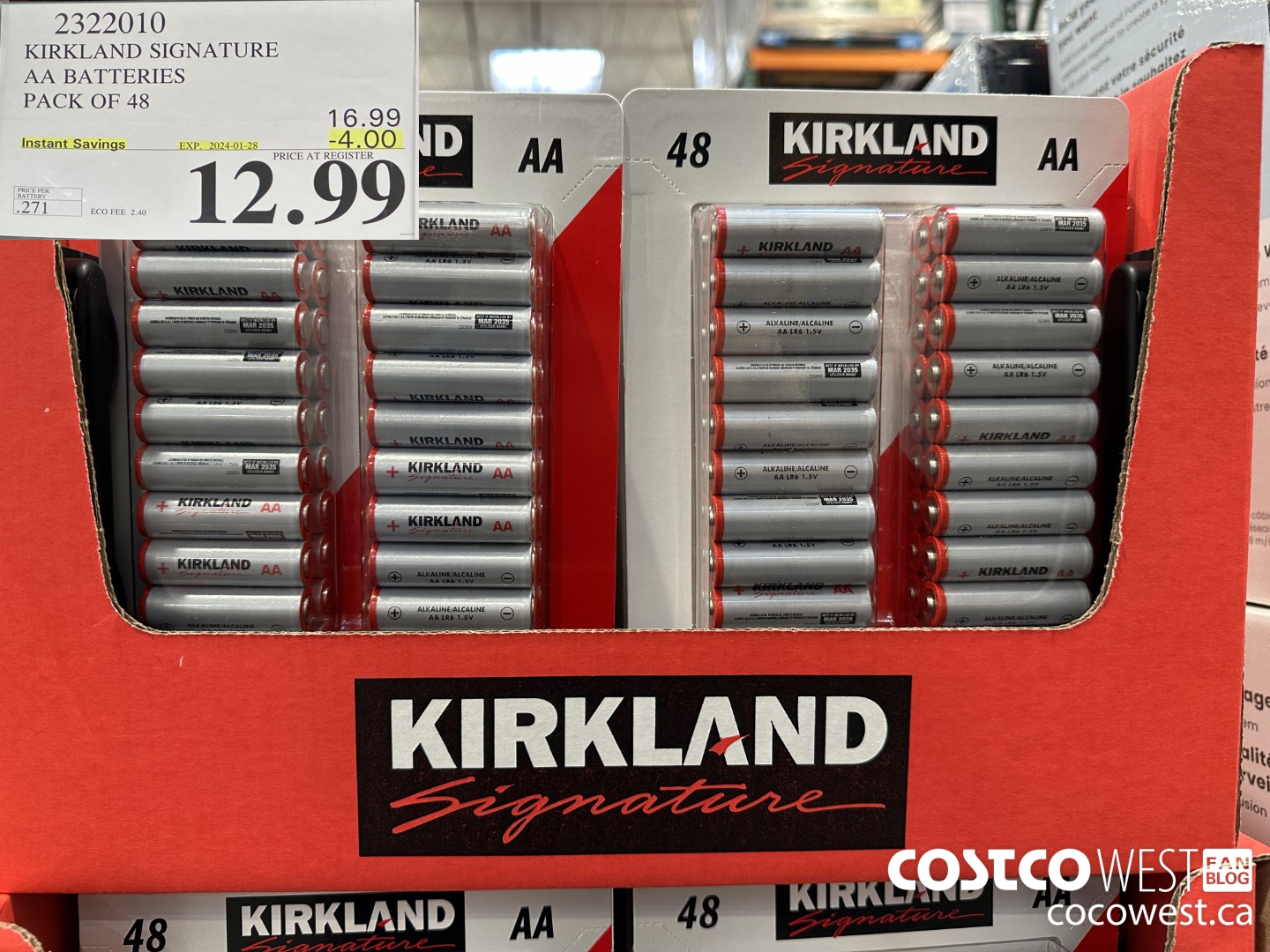 2322010 KIRKLAND SIGNATURE AA BATTERIES PACK OF 48 ($4.00 INSTANT SAVINGS EXPIRES ON 2024-01-28) $12.99