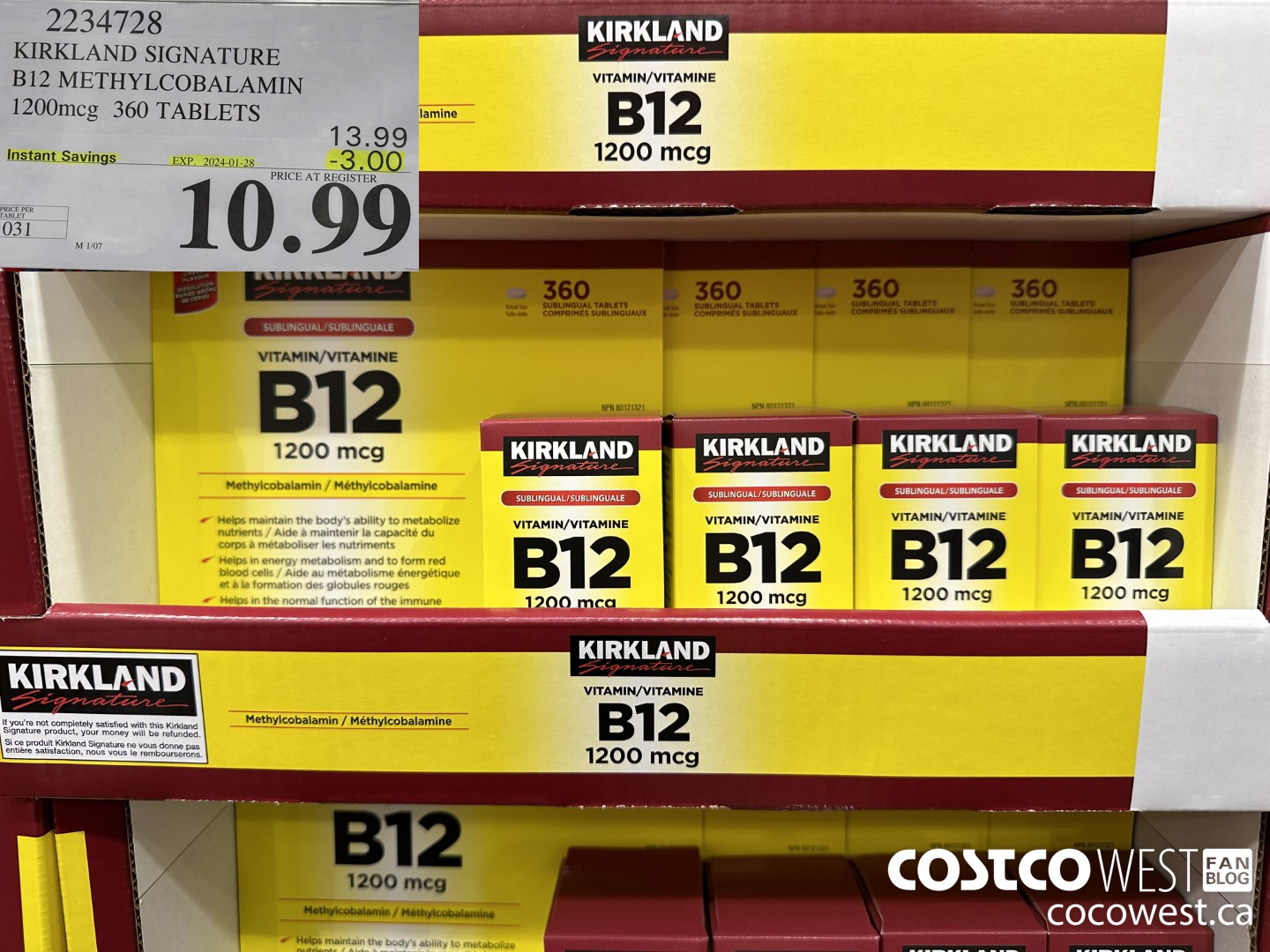 2234728 KIRKLAND SIGNATURE B12 METHYLCOBALAMIN 1200MCG 360 TABLETS ($3.00 INSTANT SAVINGS EXPIRES ON 2024-01-28) $10.99