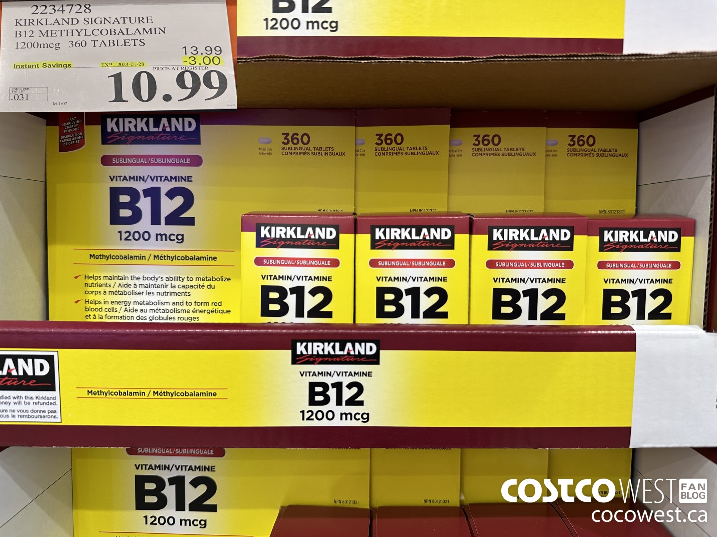 2234728 KIRKLAND SIGNATURE B12 METHYLCOBALAMIN 1200MCG 360 TABLETS ($3.00 INSTANT SAVINGS EXPIRES ON 2024-01-28) $10.99