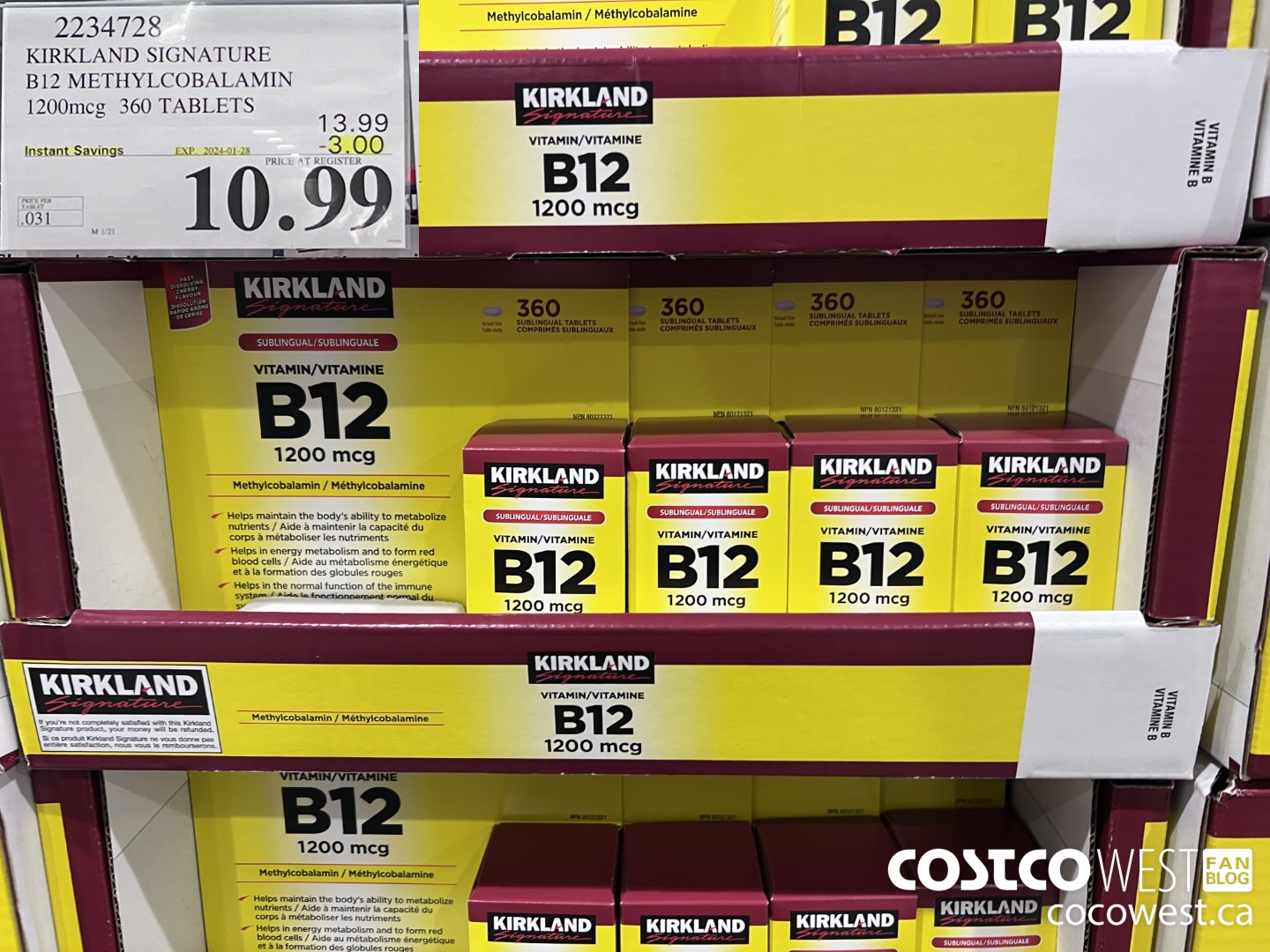 2234728 KIRKLAND SIGNATURE B12 METHYLCOBALAMIN 1200MCG 360 TABLETS ($3.00 INSTANT SAVINGS EXPIRES ON 2024-01-28) $10.99