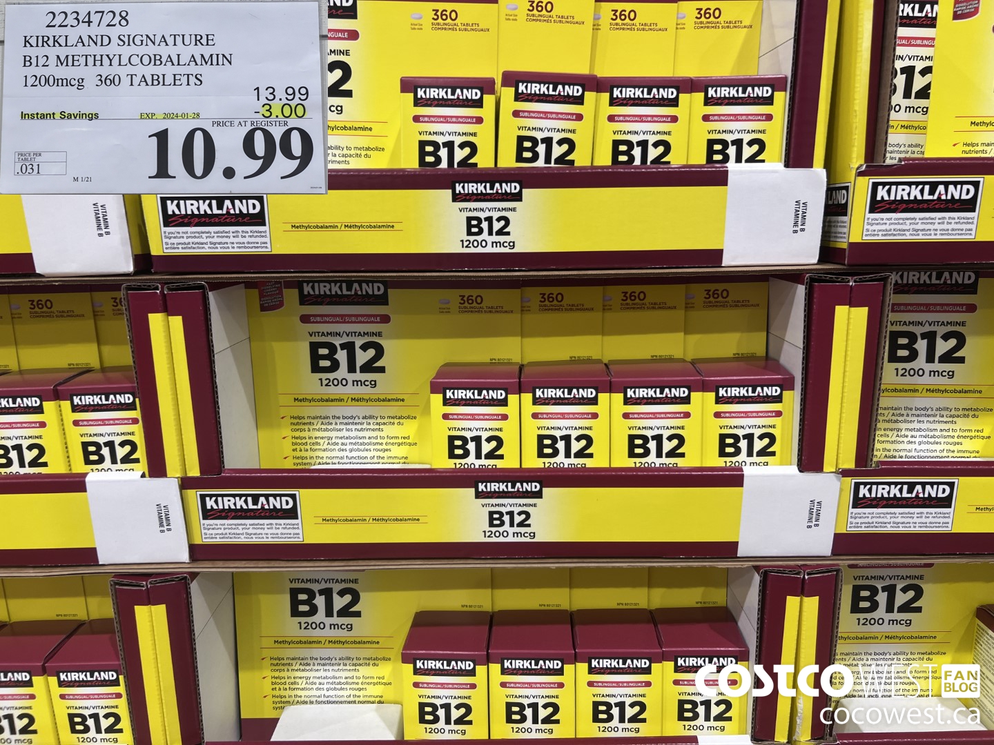 2234728 KIRKLAND SIGNATURE B12 METHYLCOBALAMIN 1200MCG 360 TABLETS ($3.00 INSTANT SAVINGS EXPIRES ON 2024-01-28) $10.99