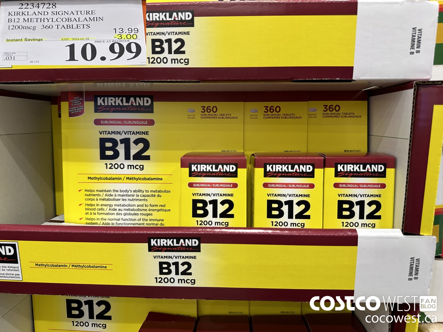 2234728 KIRKLAND SIGNATURE B12 METHYLCOBALAMIN 1200MCG 360 TABLETS ($3.00 INSTANT SAVINGS EXPIRES ON 2024-01-28) $10.99