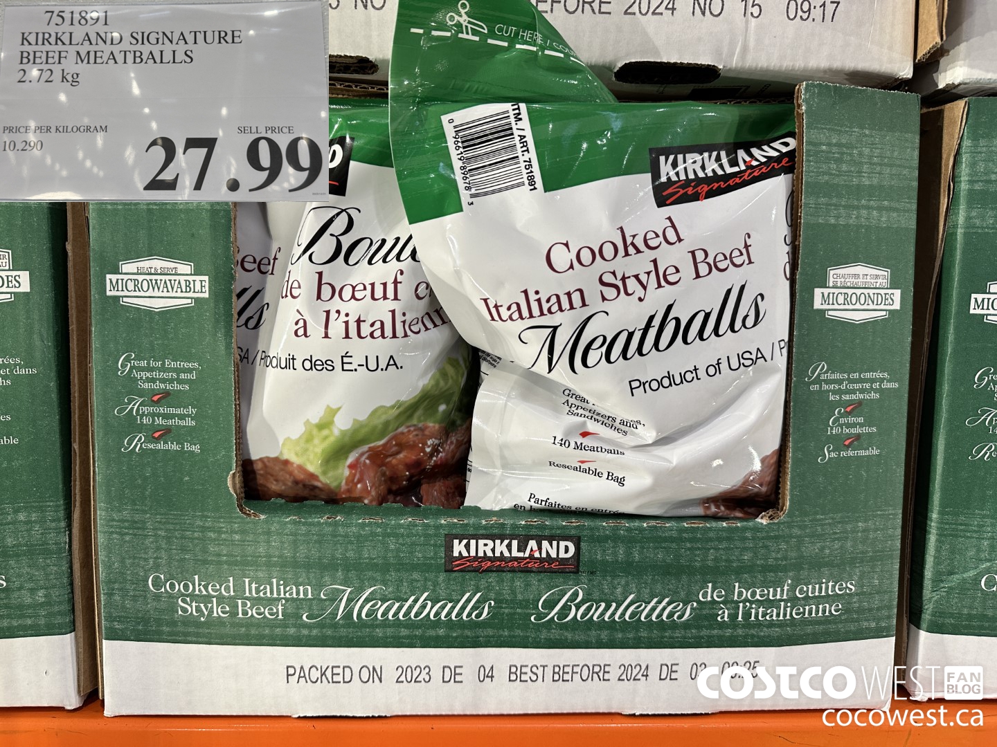 751891 KIRKLAND SIGNATURE BEEF MEATBALLS 2.72 kg $27.99