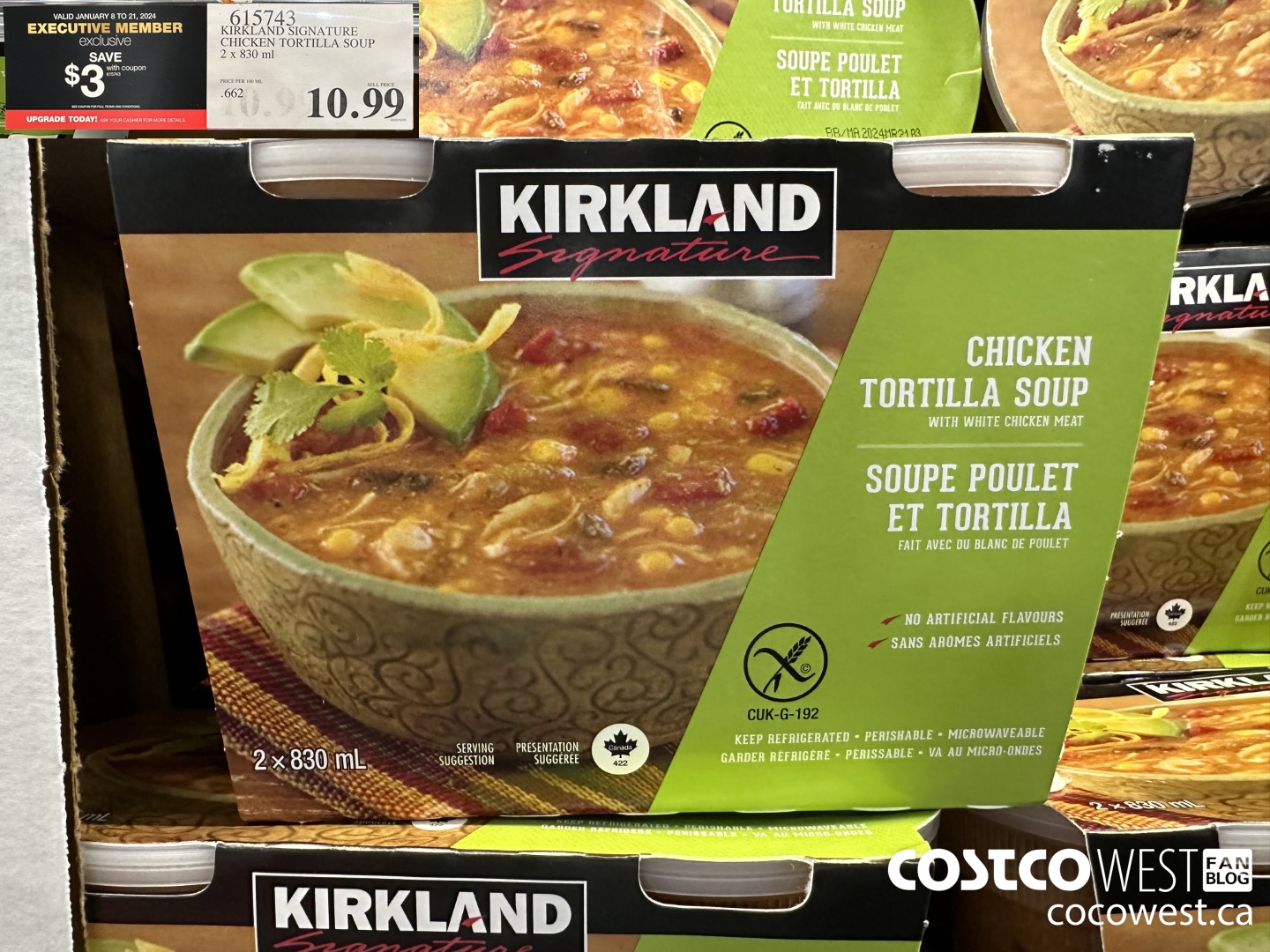 615743 KIRKLAND SIGNATURE CHICKEN TORTILLA SOUP 2 x 830 ml ($3.00 INSTANT SAVINGS EXPIRES ON 2024-01-21) $7.99