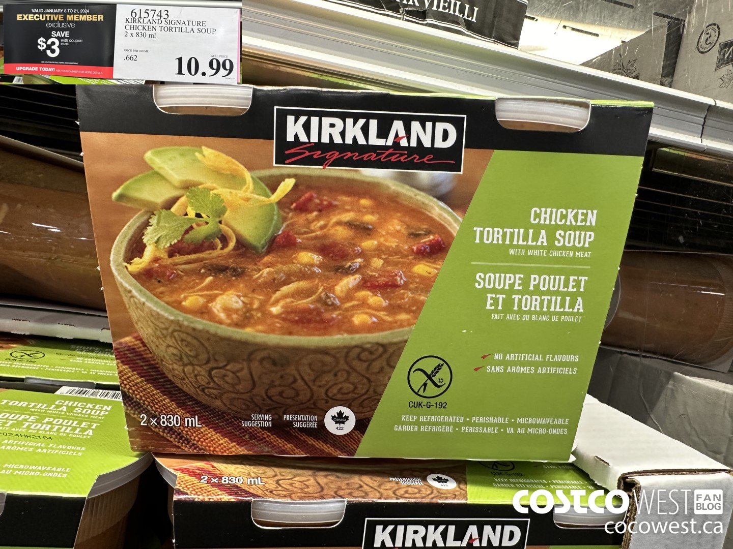 615743 KIRKLAND SIGNATURE CHICKEN TORTILLA SOUP 2 x 830 ml ($3.00 INSTANT SAVINGS EXPIRES ON 2024-01-21) $7.99