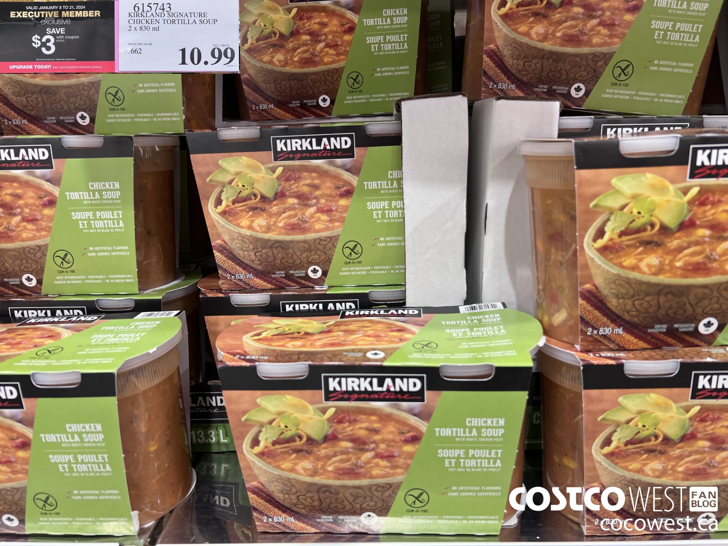 615743 KIRKLAND SIGNATURE CHICKEN TORTILLA SOUP 2 x 830 ml ($3.00 INSTANT SAVINGS EXPIRES ON 2024-01-21) $7.99