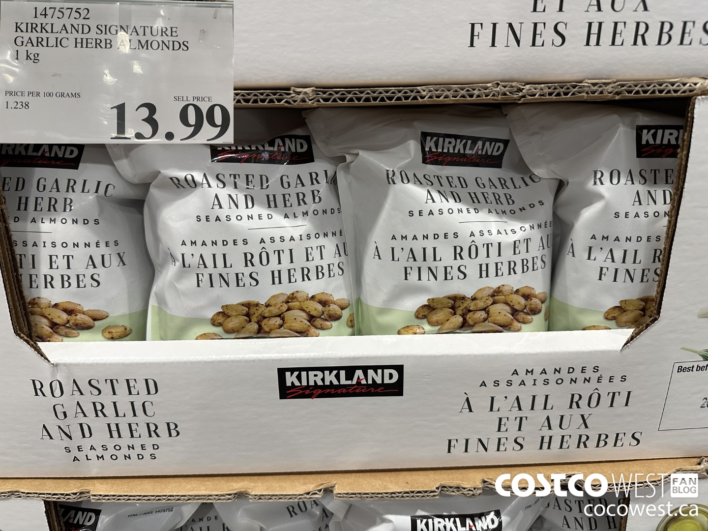 1475752 KIRKLAND SIGNATURE GARLIC & HERB ALMONDS 2.2 LBS  $13.99
