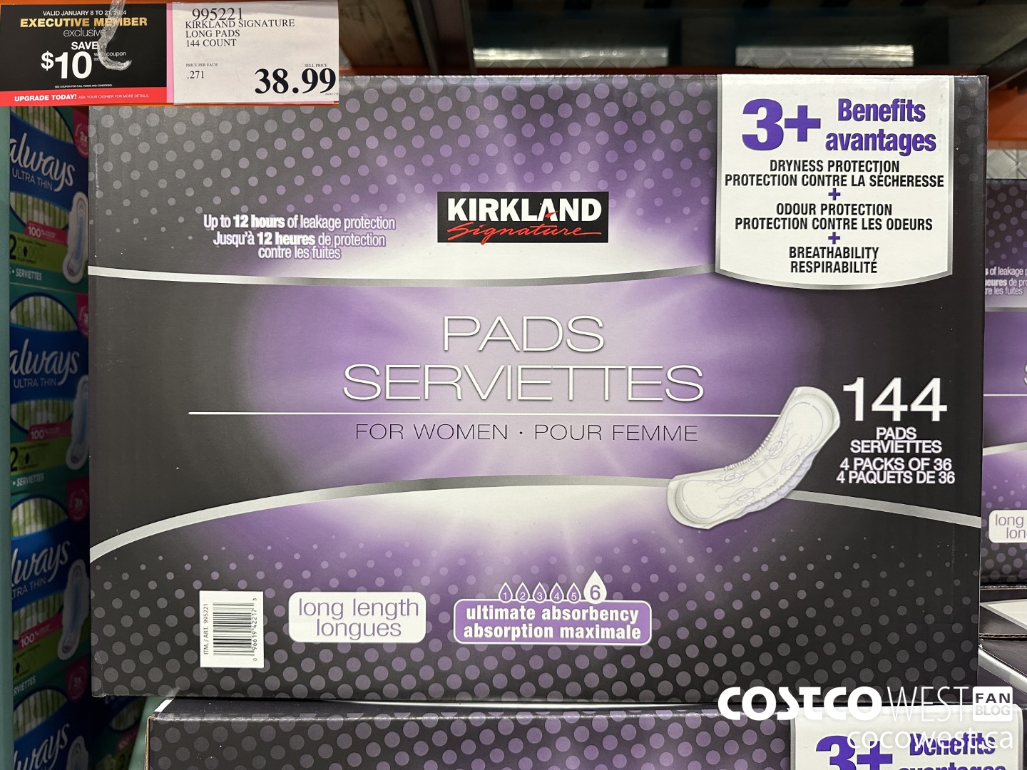 995221 KIRKLAND SIGNATURE LONG PADS 144 COUNT ($10.00 INSTANT SAVINGS EXPIRES ON 2024-01-21) $28.99