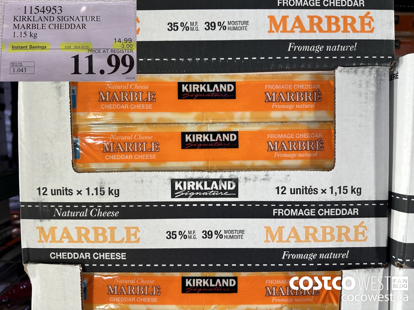 1154953 KIRKLAND SIGNATURE MARBLE CHEDDAR 1.15 KG ($3.00 INSTANT SAVINGS EXPIRES ON 2024-02-25) $11.99