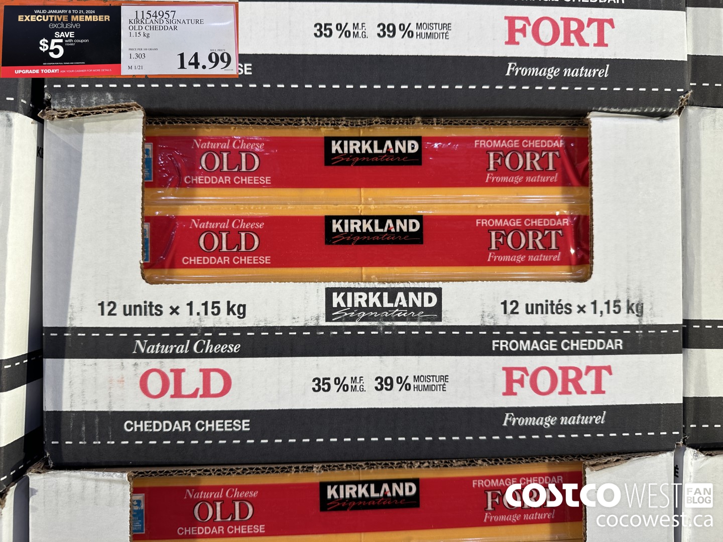 1154957 KIRKLAND SIGNATURE OLD CHEDDAR 1.15 KG ($5.00 INSTANT SAVINGS EXPIRES ON 2024-01-21) $9.99