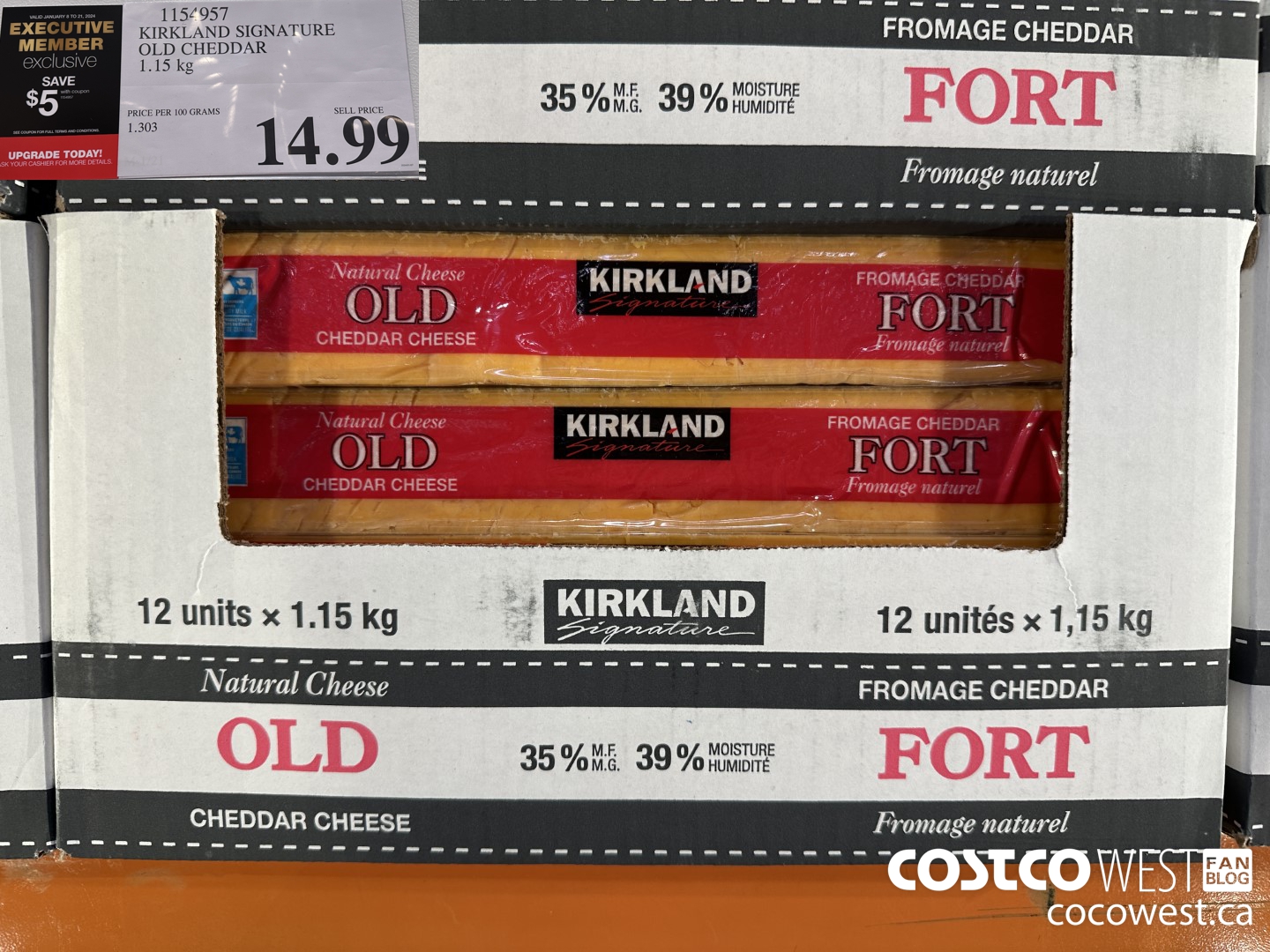1154957 KIRKLAND SIGNATURE OLD CHEDDAR 1.15 KG ($5.00 INSTANT SAVINGS EXPIRES ON 2024-01-21) $9.99
