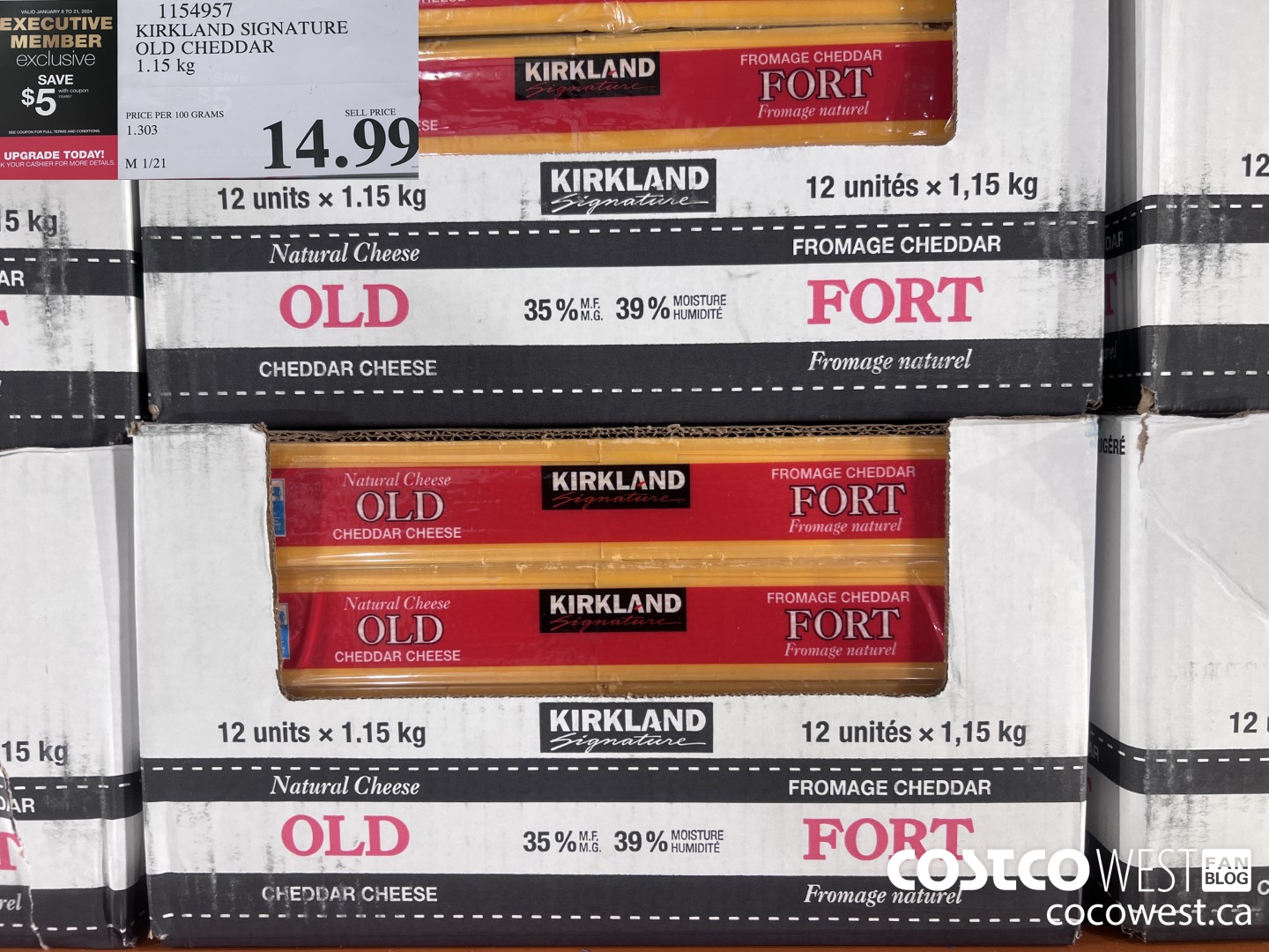 1154957 KIRKLAND SIGNATURE OLD CHEDDAR 1.15 KG ($5.00 INSTANT SAVINGS EXPIRES ON 2024-01-21) $9.99