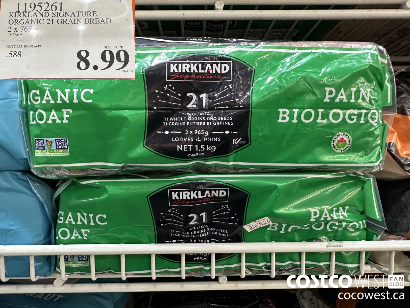 1195261 KIRKLAND SIGNATURE ORGANIC 21 GRAIN BREAD 2 x 765 g $8.99