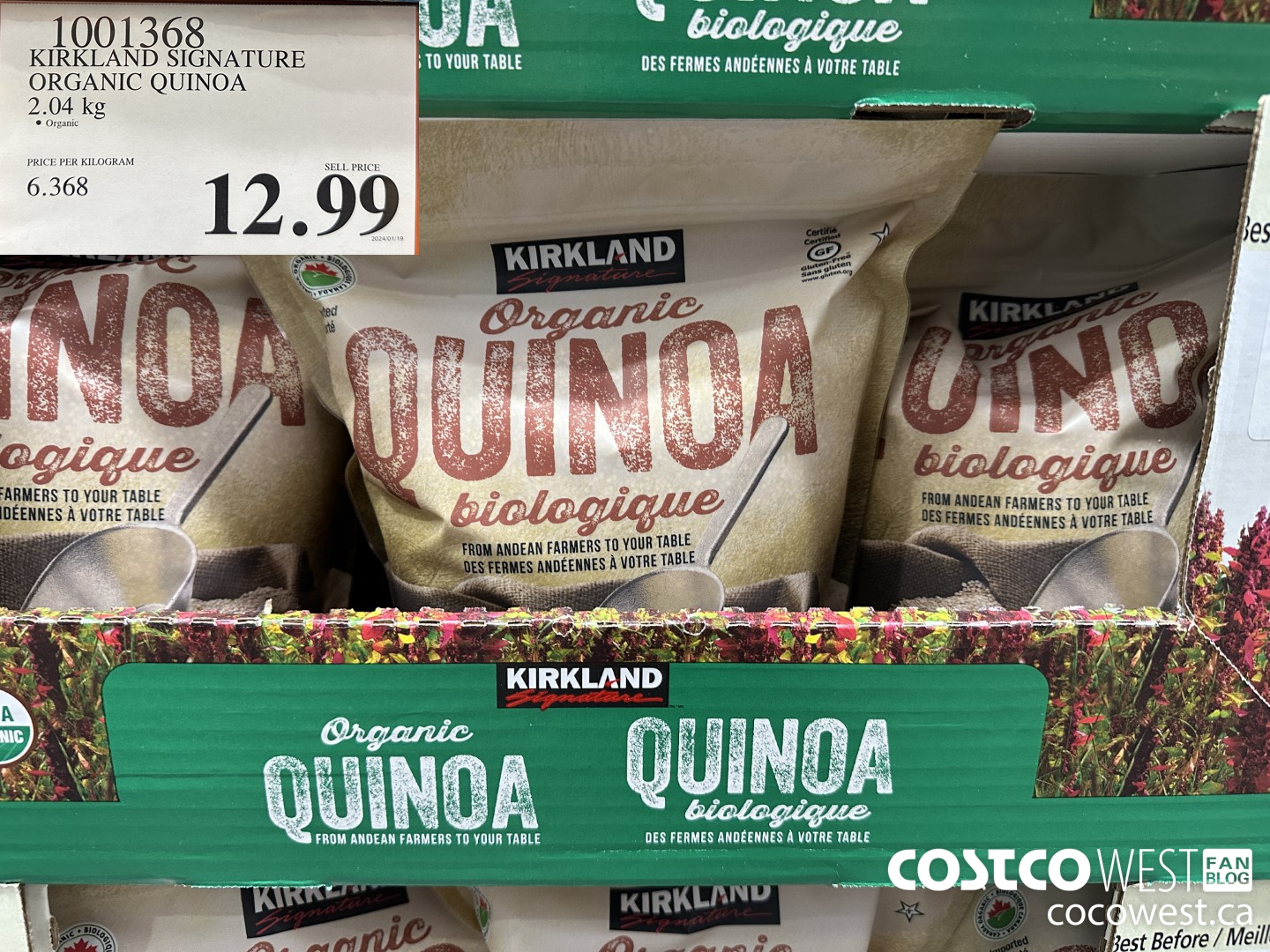 1001368 KIRKLAND SIGNATURE ORGANIC QUINOA 2.04 KG $12.99