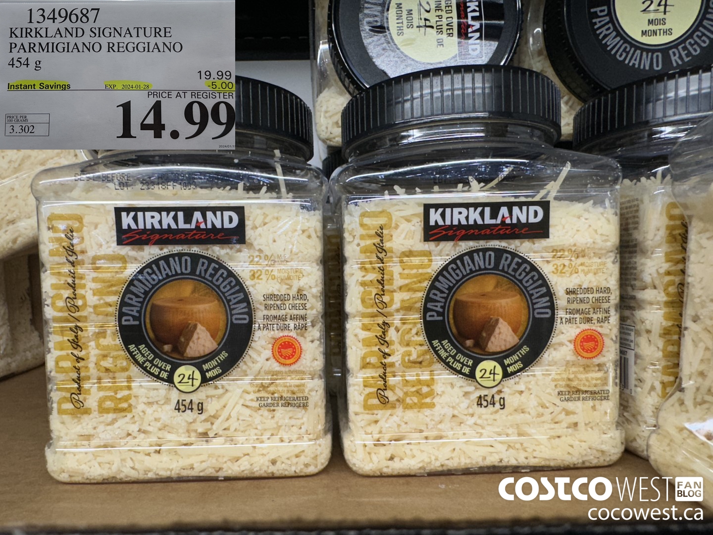 1349687 KIRKLAND SIGNATURE PARMIGIANO REGGIANO 454 g ($5.00 INSTANT SAVINGS EXPIRES ON 2024-01-28) $14.99
